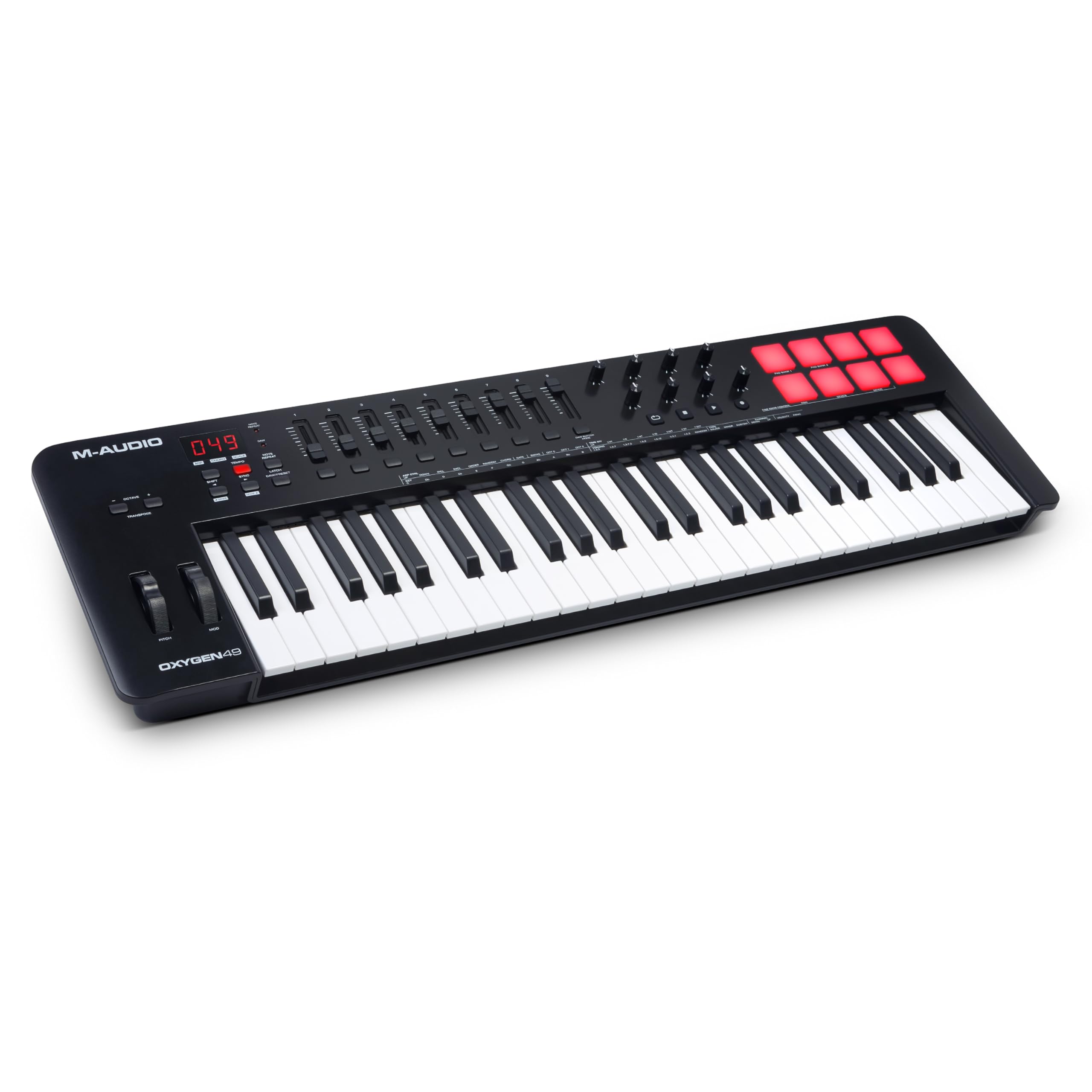 M-AUDIO Oxigênio (MKV) – Controlador de teclado MIDI USB de 49 teclas com beat pads, modos de acorde inteligente e escala, arpejador e conjunto de software incluídos | 49 teclas sensíveis à velocidade, 8 beat pads, 8 botões, 9 faders e software de gravação DAW incluído, para produção musical