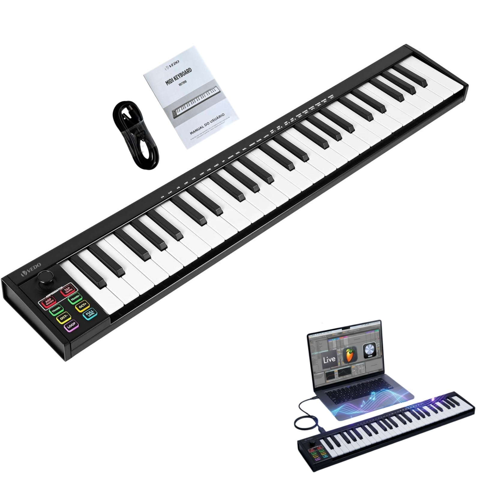 VEDO Teclado MIDI 49 Teclas Profissional Semi-Pesado, com Controlador MIDI USB, 8 Pads de Bateria, 8 Knobs, Integração DAW, Modulação de Altura e Vibrato, Perfeito Para Produção Musical
