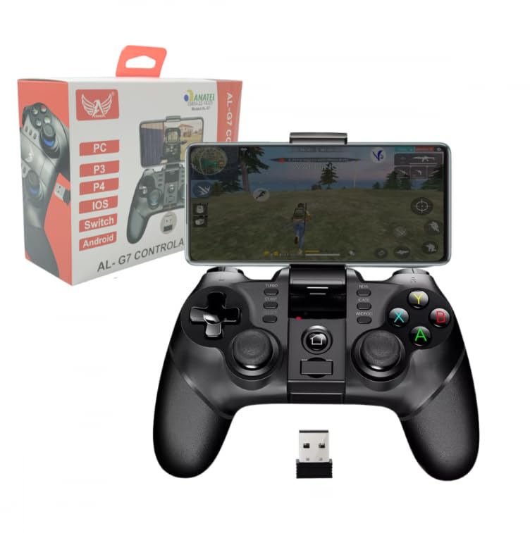 Controle Gamer Bluetooth para Celular, Android, PC, PS3, Joystick com Vibração, Turbo, Receptor 2.4G, Preto