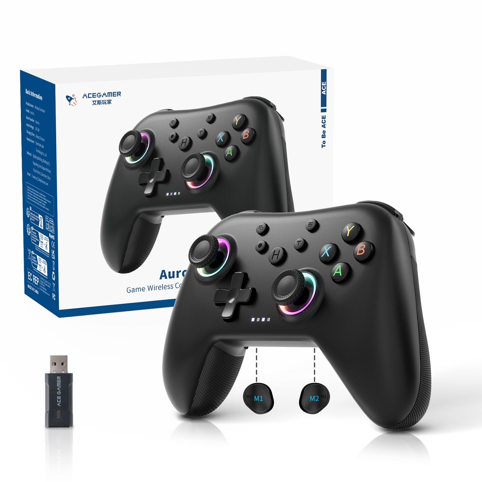 AceGamer Controle Bluetooth sem fio Aurora Generation 2.4G para PC/Android/Switch/iOS/Steam Deck com motores lineares, joysticks RGB Hall Effect – Controle de jogos de PC atualizado e trava de botões