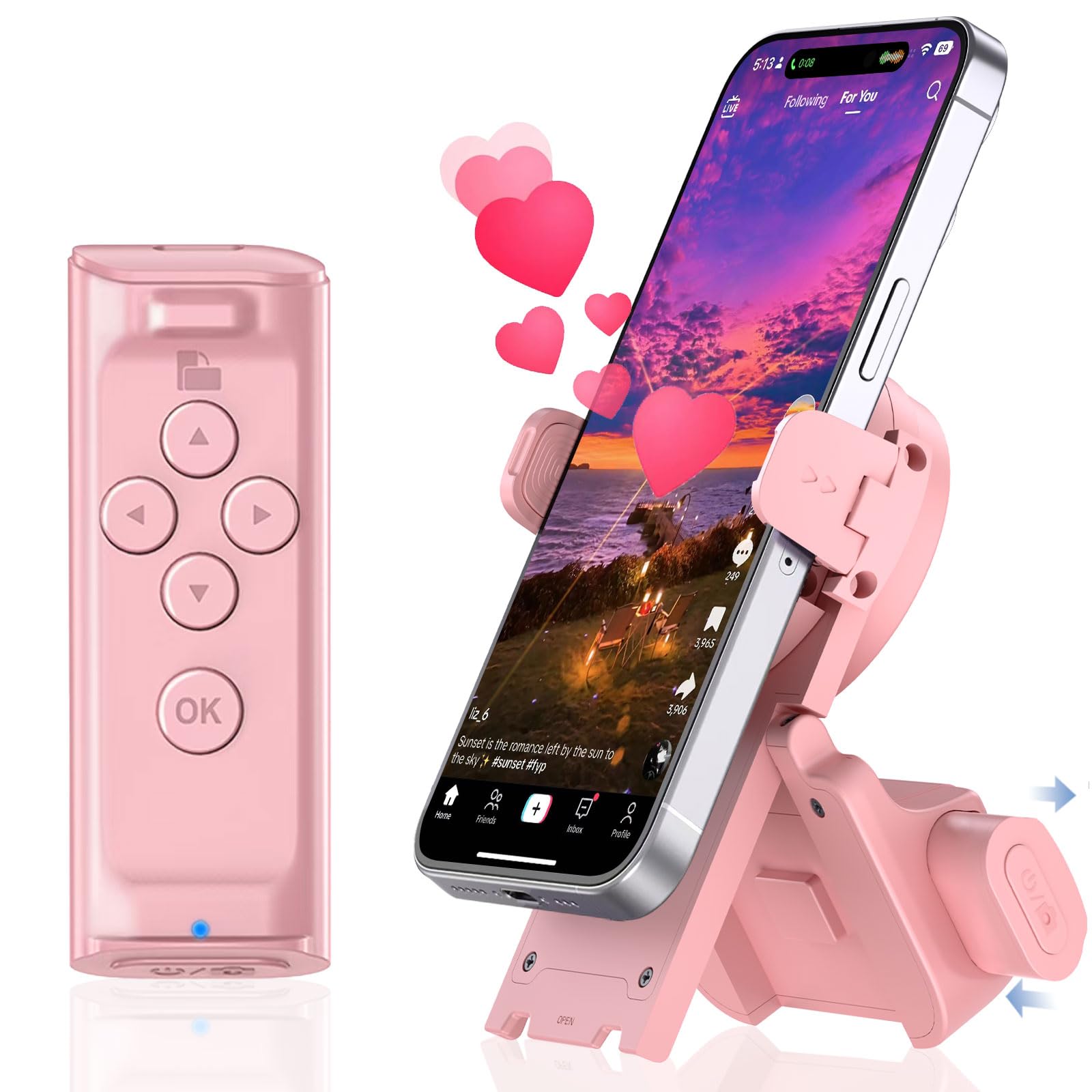 MILOUZ Controle remoto para Tiktok com suporte de telefone, virador de página para e-book do aplicativo Kindle, obturador de câmera Bluetooth para iPhone, Android, iOS, iPad, tablet