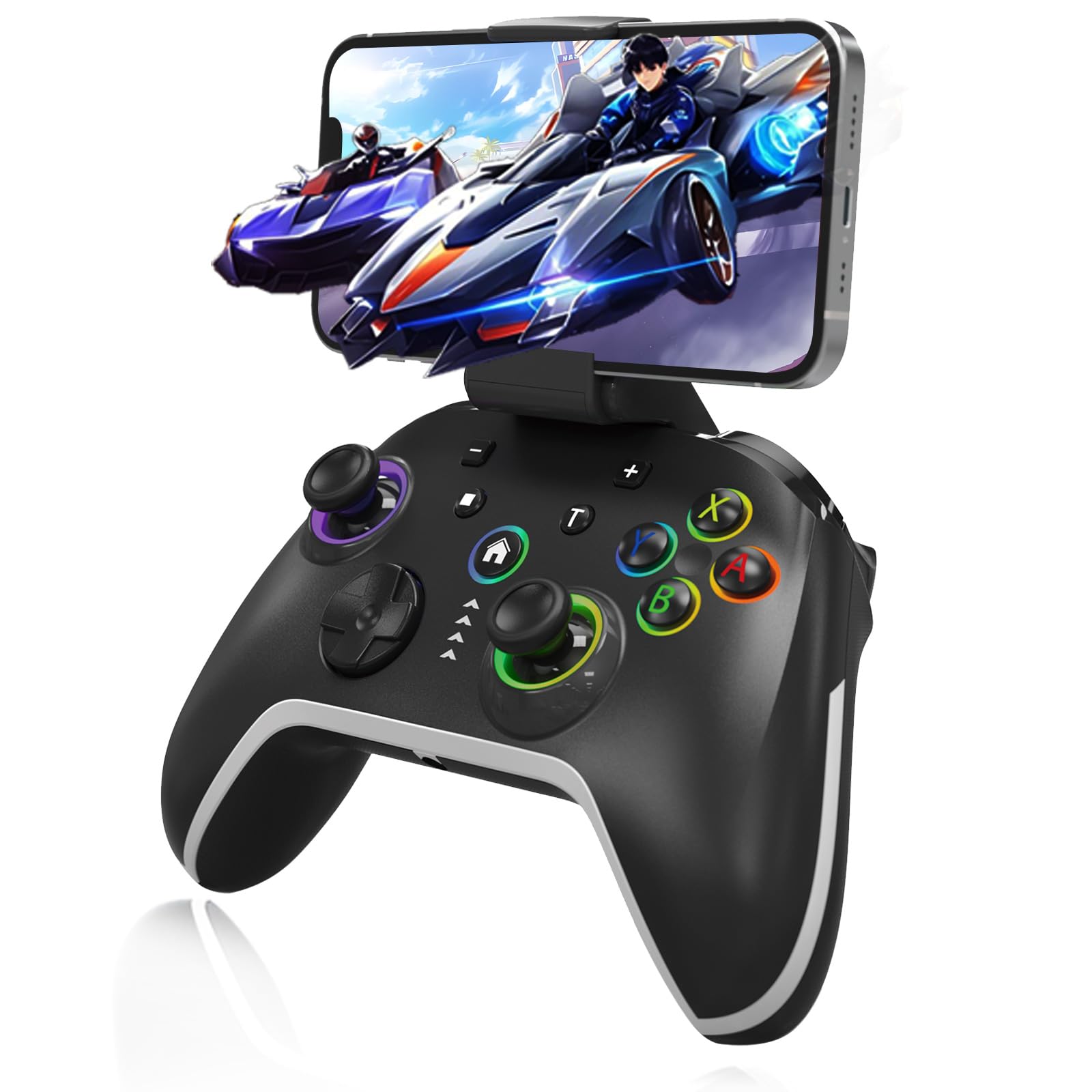 Bcofo Bluetooth Controller Compatible with iPhone MFI/Android HID/Switch/Apple Arcade Games/Mac/Laptop/Steam Wireless Game Controller, Wired PC Control with Phone Clip RGB Lightning Turbo Vibration 6-Axis