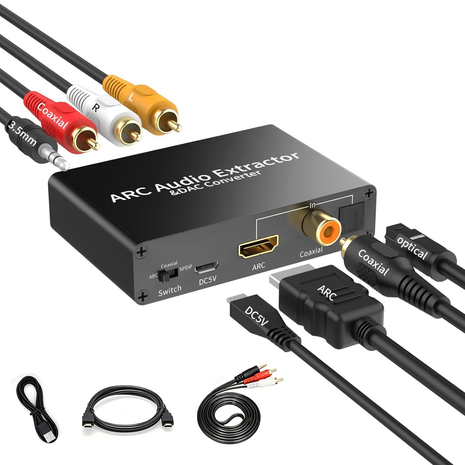 Tihokile Extrator de Áudio Hdmi Arc, Conversor de Áudio Dac de 192 Khz, Conversor Digital para Analógico para Ps3, Ps4, Hdtv, Dvd E Sistemas de Home Theater, Entrada Hdmi Arc/Óptica/Coaxial, Saída