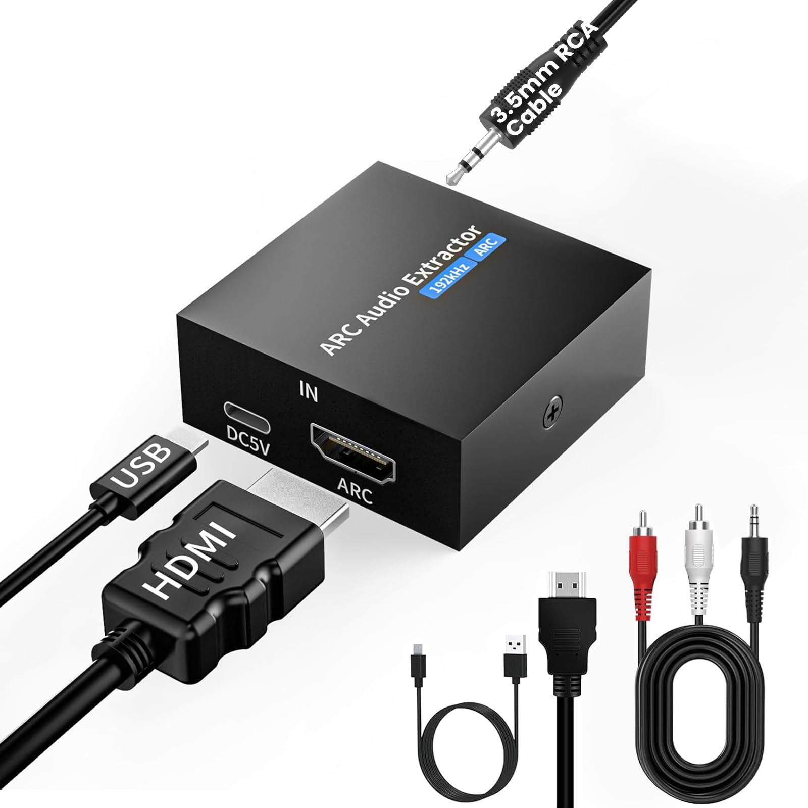 Tihokile Extrator de Áudio Arc de 192 Khz, Hdmi Arc para Toslink/Óptico + Saída Auxiliar de 3,5 Mm, Adaptador de Áudio Hdmi para Óptico com Cabo Rca de 3,5 Mm, Conversor de Áudio Arc para Rca