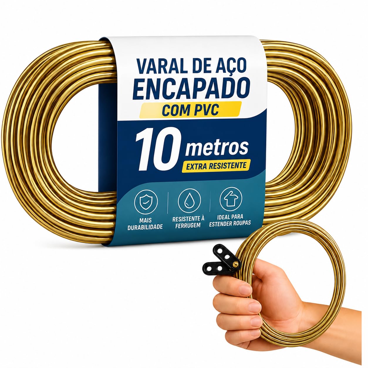 : DELWAL Tipo de Corda para Varal de Aço Revestido em PVC 10 Metros Fio Encapado para Roupas Lavanderia Quintal e Área de Serviço Antiferrugem, Fio de Varal com Suportes de Fixação e Acabamento Plástico