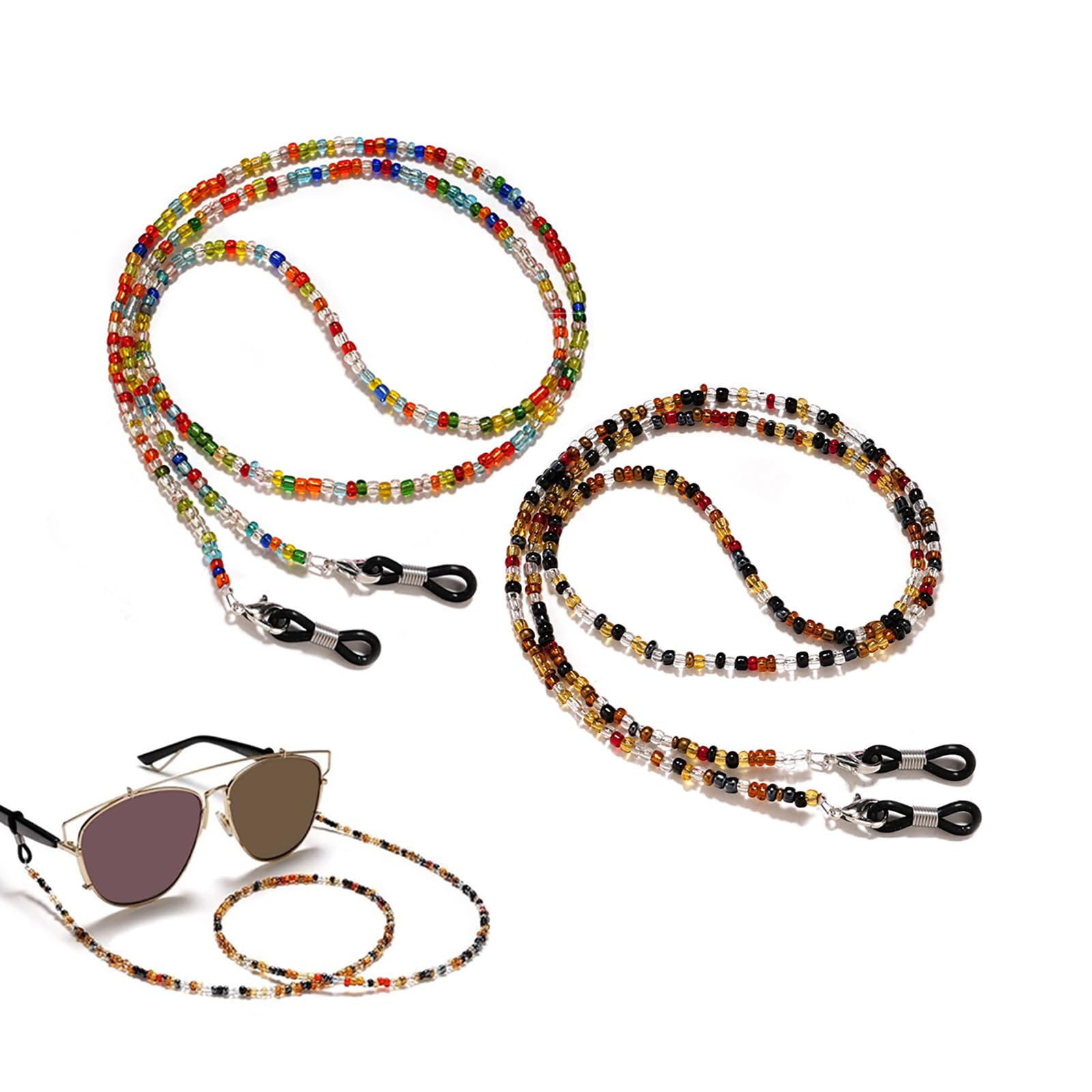 Pacote com 2, cordão de óculos feito à mão, 2 em 1, antiderrapante, antiperda, alça decorativa de pescoço para óculos, óculos de sol e corrente de retenção para máscara