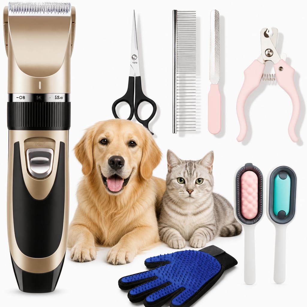 Kit Tosa Pet Profissional Completo 7 em 1 Máquina Luva Removedora Escova Tesoura Lixa Cortador Unhas Cães e Gatos