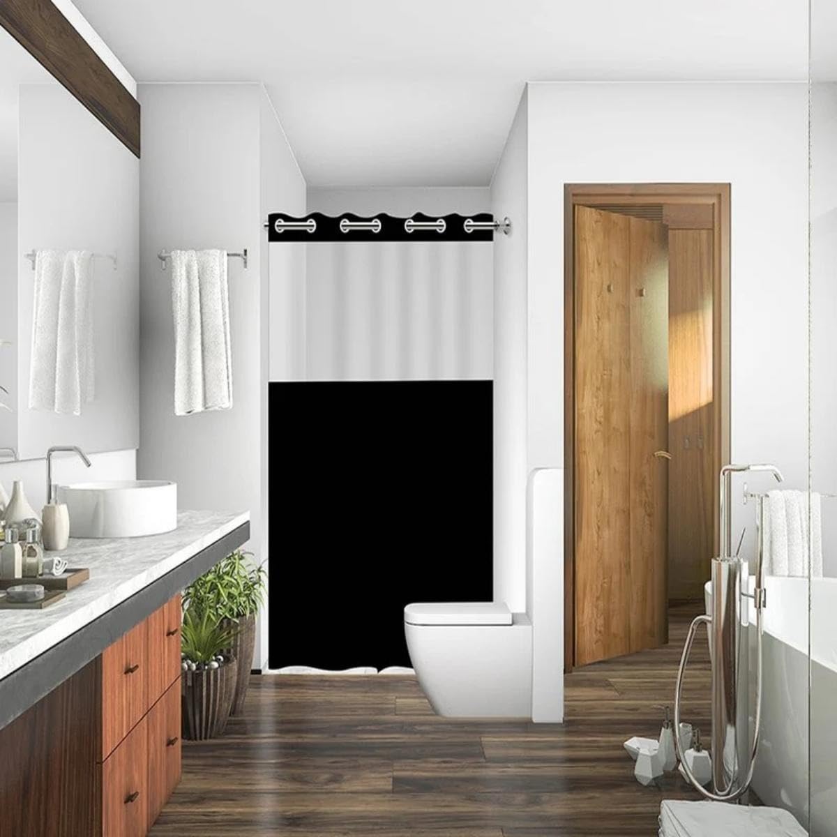 Cortina de Box Banheiro com Ilhós Preta Com Visor Transparente Antimofo Impermeável em PVC 138 CM X 198 CM