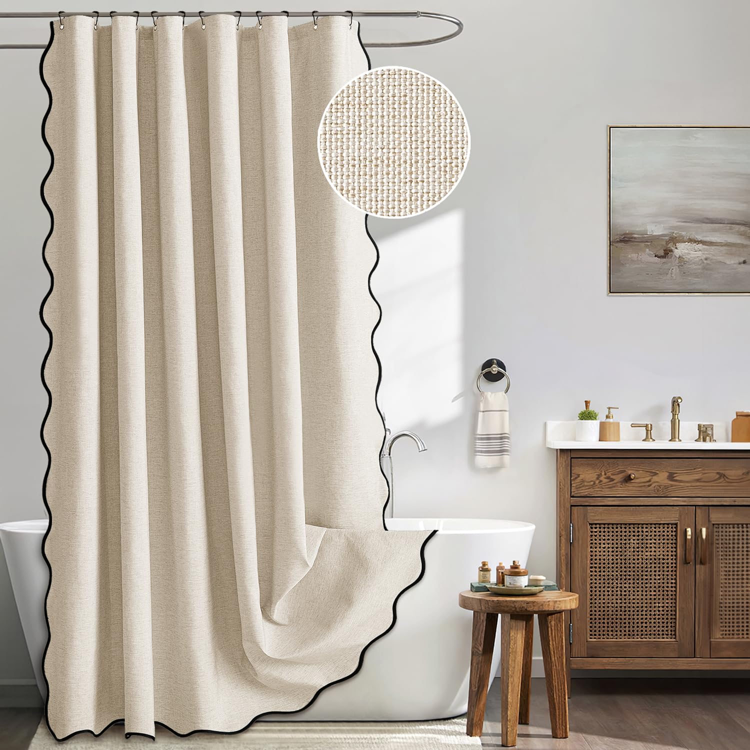 MIULEE Cortina de Box Bege Recortada com Textura de Linho com 12 Ganchos de Metal, Fofa, Resistente, Lavável, Impermeável, Cortinas de Box de Pano Grosso Neutro com Borda Preta para Banheiro e