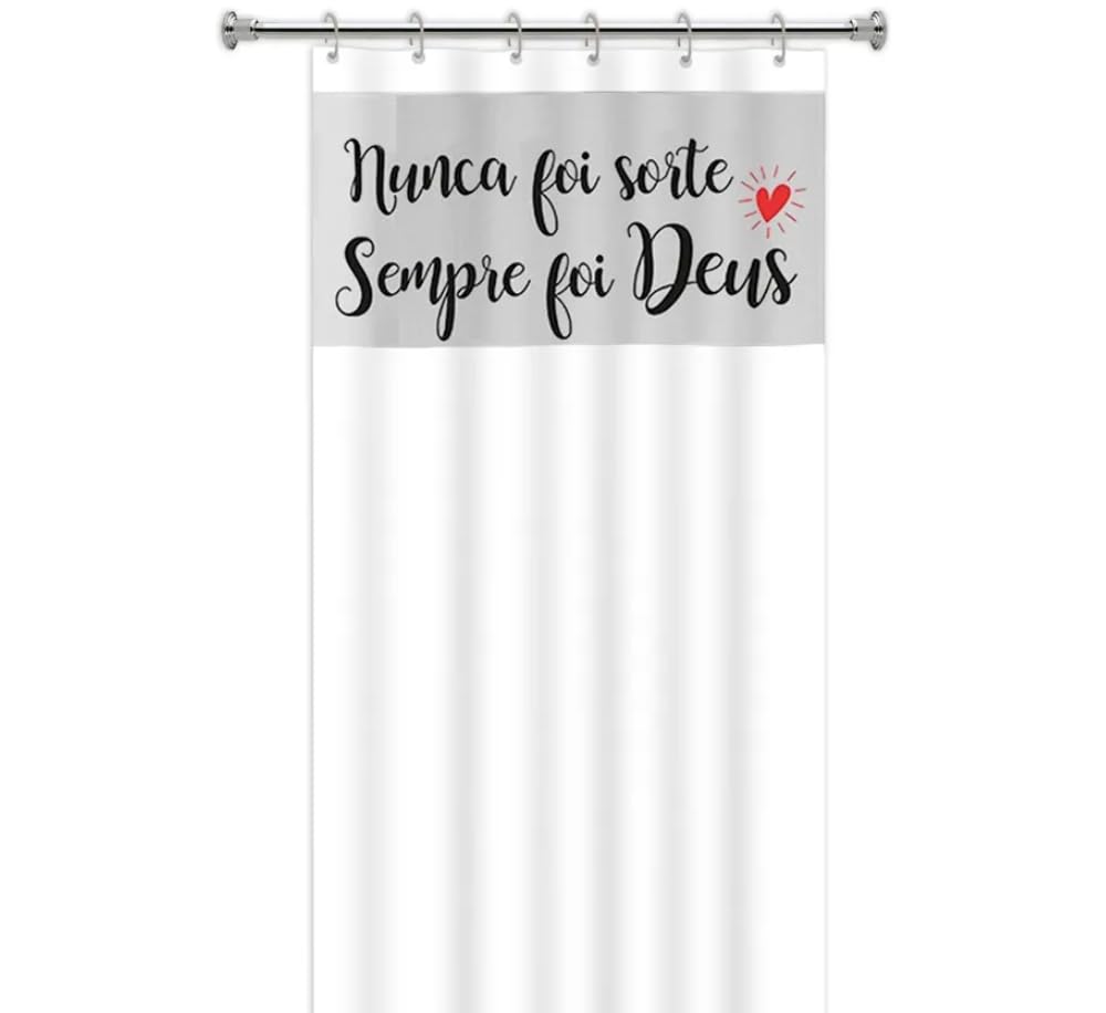 Cortina de Box Banheiro – Branca com Visor e Frase “Nunca Foi Sorte, Sempre Foi Deus” – PVC Impermeável e Antimofo – 1,38 x 1,98m