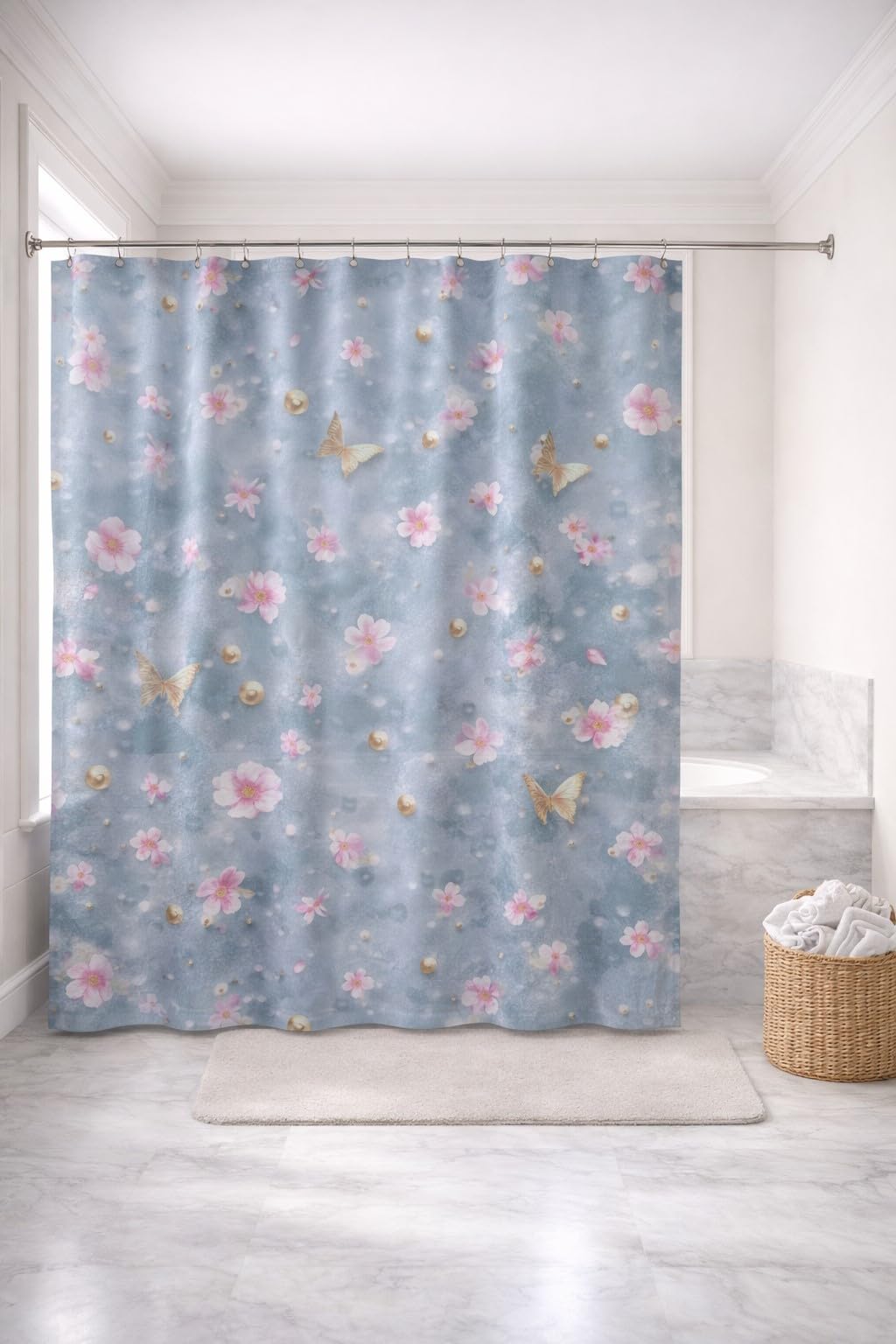 Cortina De Box Impermeável 1,80x1,70 Poliéster | Lavável Antimofo | 10 Ganchos Banheiro (Borboleta Dourada)