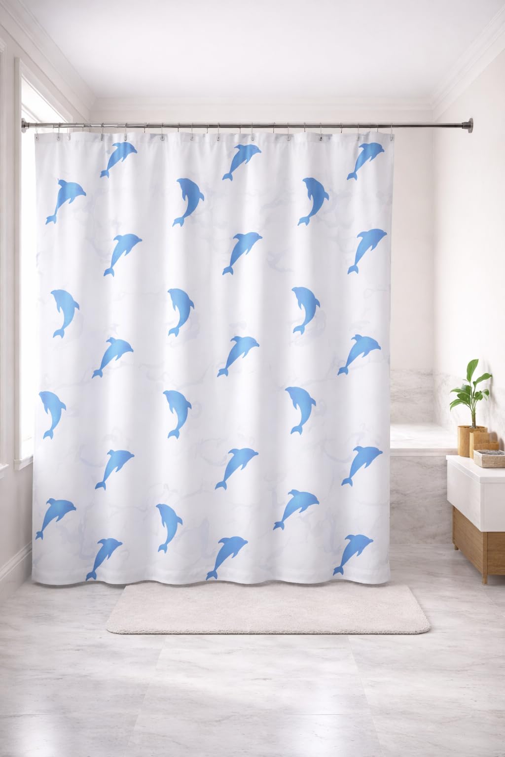 Cortina De Box Impermeável 1,80x1,70 Poliéster | Lavável Antimofo | 10 Ganchos Banheiro (Golfinho)