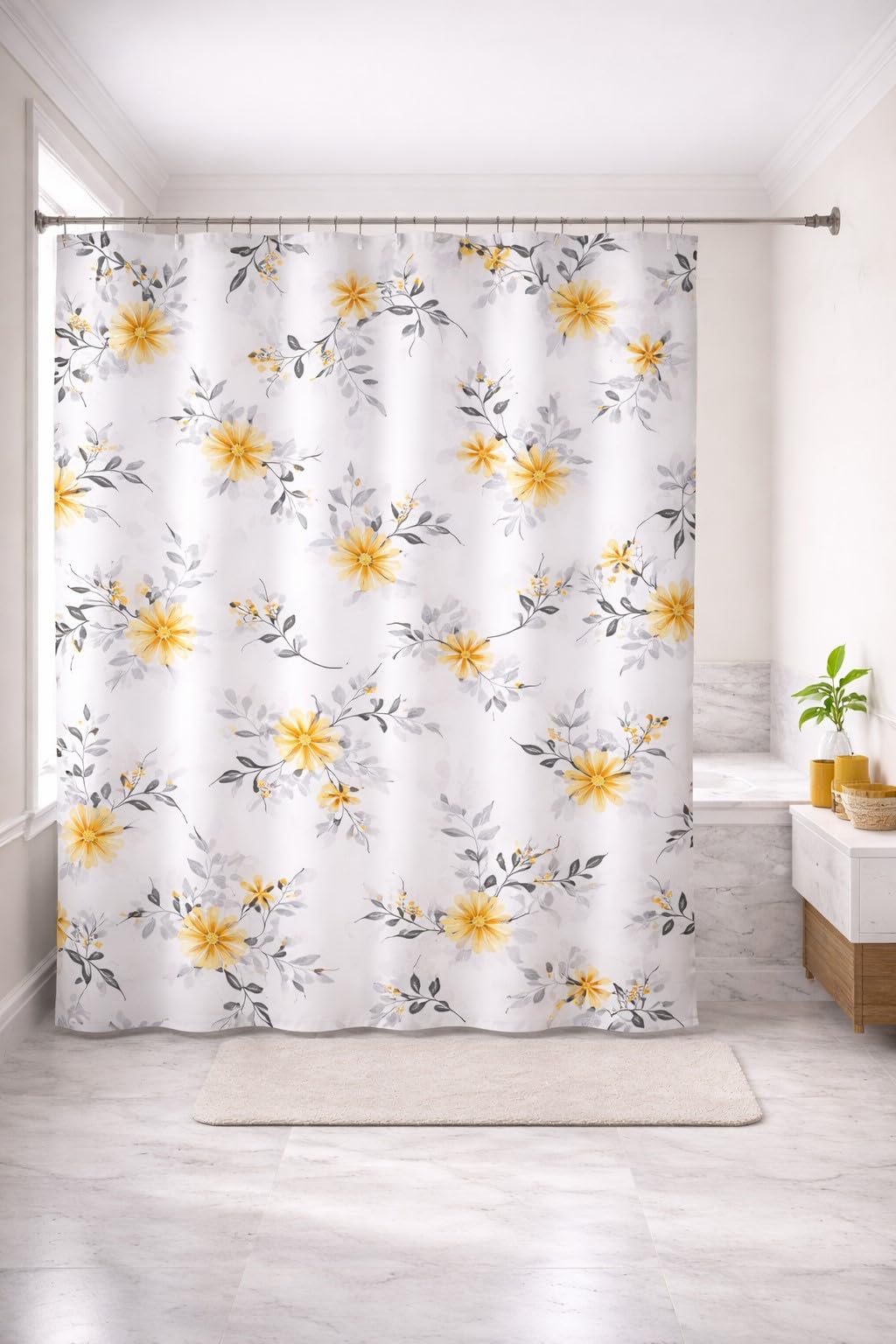 Cortina De Box Impermeável 1,80x1,70 Poliéster | Lavável Antimofo | 10 Ganchos Banheiro (Flor Amarela)