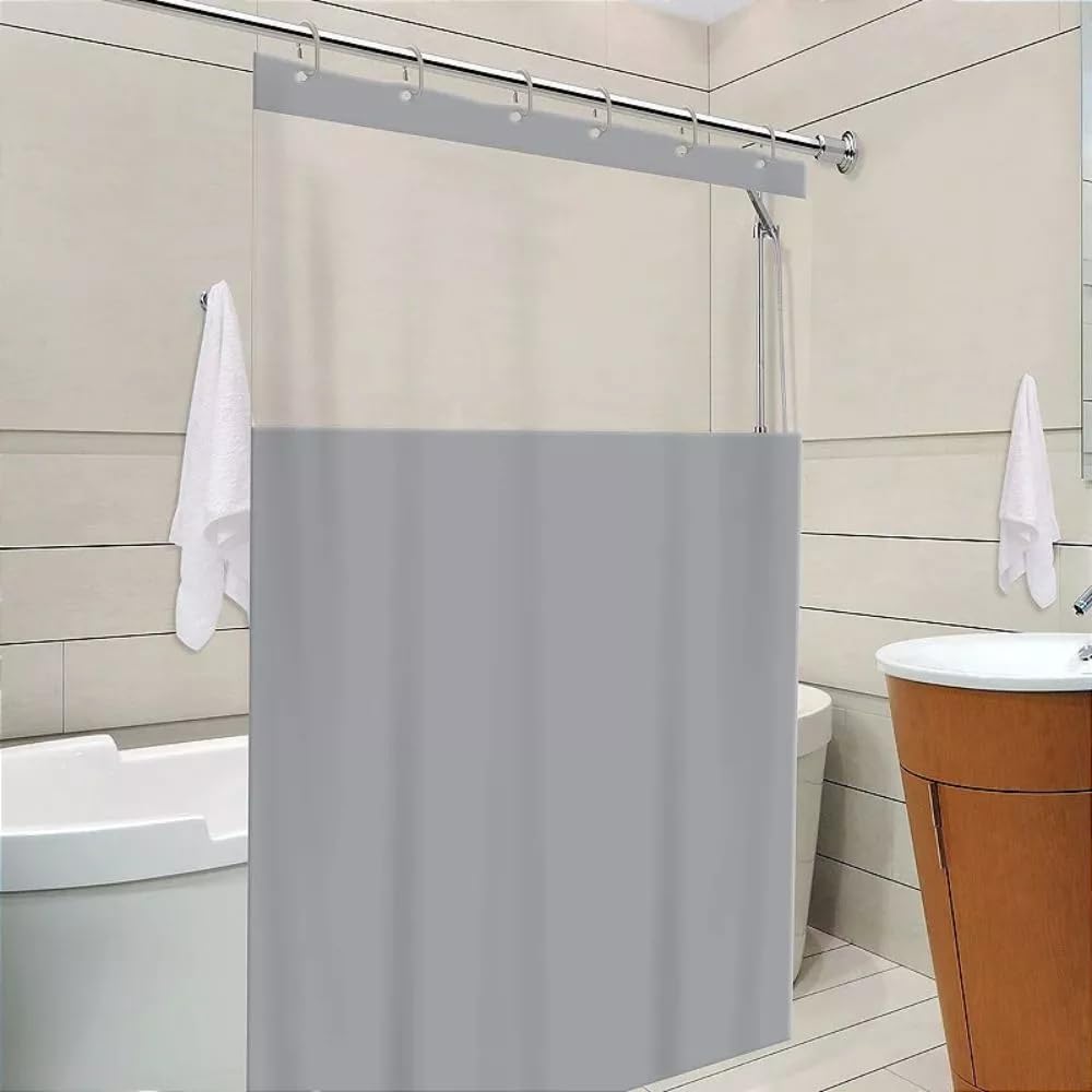 Cortina de Box Banheiro em PVC com Visor Transparente, Diversas Cores Disponíveis, Ilhós e Ganchos Inclusos, Tratada Anti-Mofo e Impermeável (Cinza Gancho)