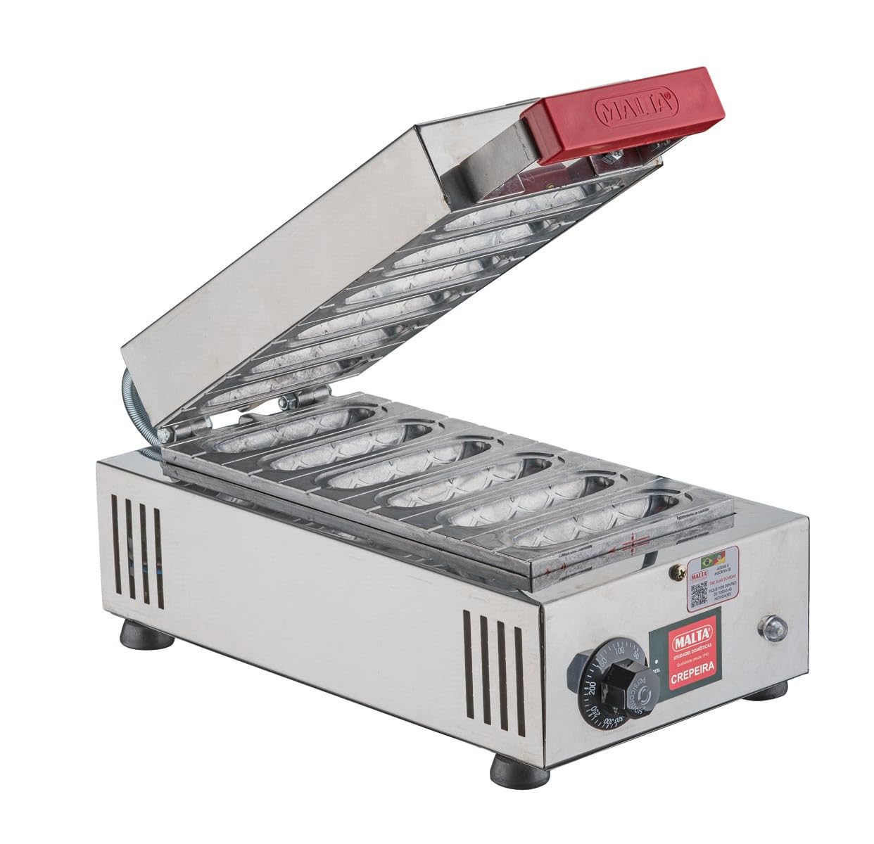 Malta Crepeira Elétrica 6 Cavidades 220V Inox 1500W Prensa Alumínio Maciço com Termostato Controle Temperatura Ideal Crepe Suíço