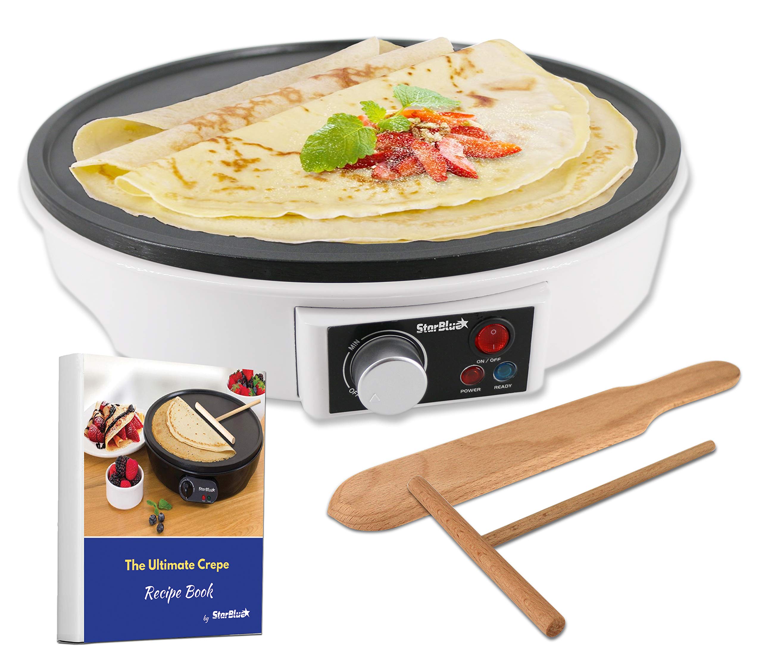 12" Electric Crepe Maker by StarBlue com livro eletrônico de receitas GRÁTIS e espátula de madeira - Panela antiaderente e portátil, compacta, fácil de limpar com botão liga/desliga AC 120V 50/60Hz 1000W