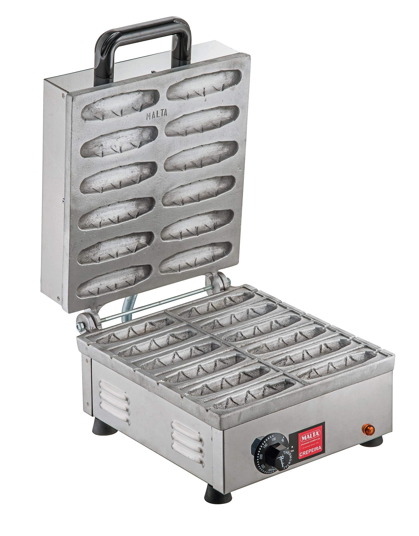 Malta Crepeira Elétrica 12 Cavidades 127V Inox 2000W Prensa Alumínio Maciço com Termostato Controle Temperatura Ideal Crepe Suíço