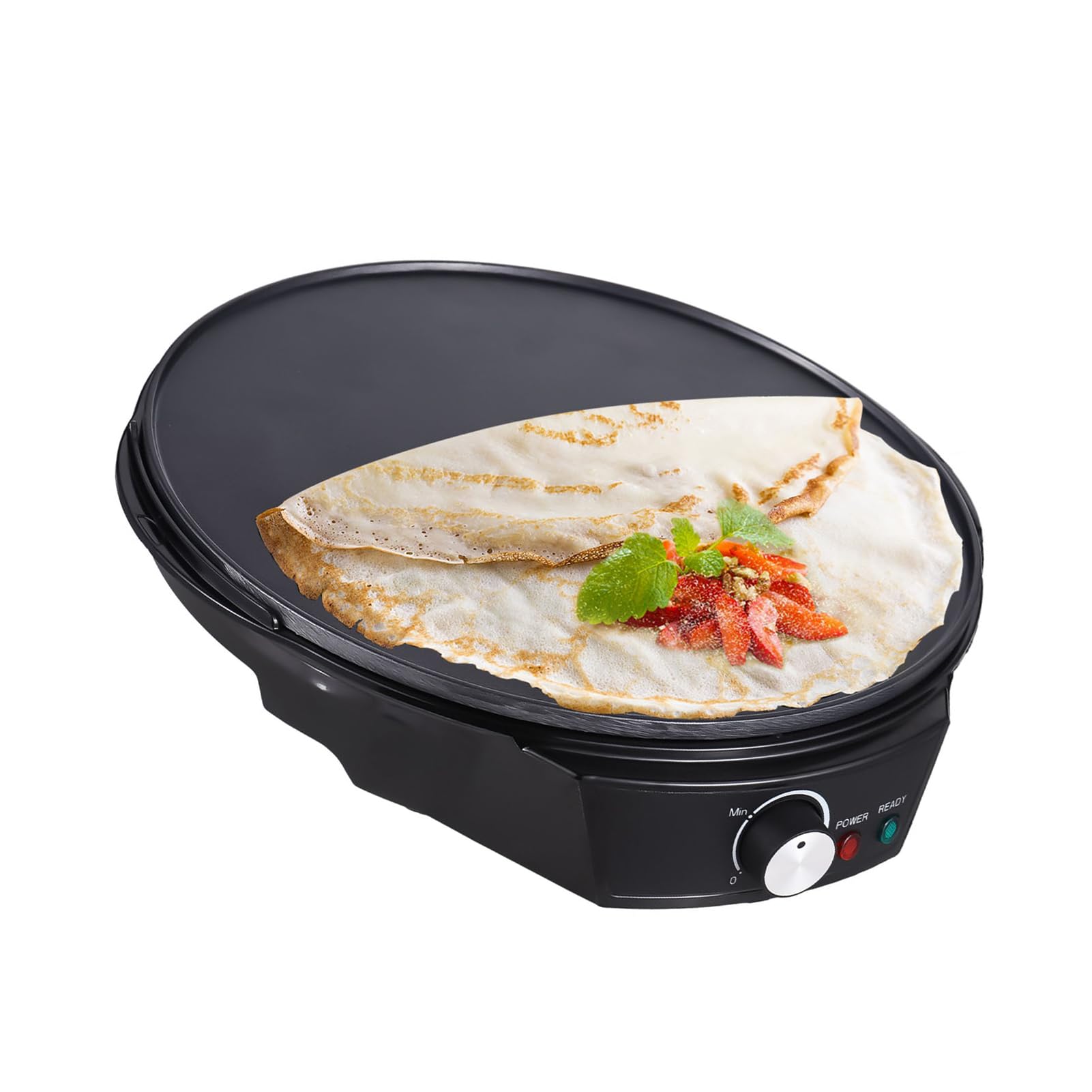 Moniss Máquina de crepe elétrica de 11 polegadas 1200 W 50-210 graus Celsius Controle de temperatura Chapa de panqueca antiaderente para Roti Tortilla Blintzes Inclui espátula de madeira e espalhador