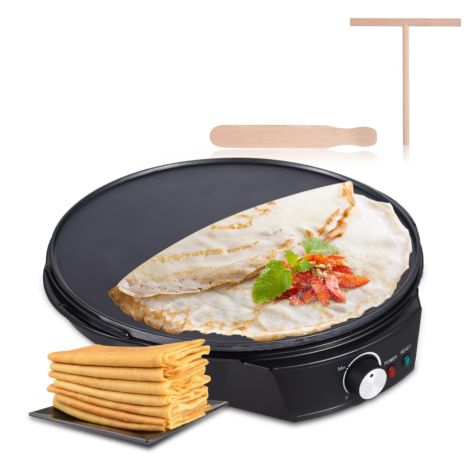 Tomshin Máquina de crepe elétrica de 11 polegadas 1200 W 50-210 graus Celsius Controle de temperatura Chapa de panqueca antiaderente para Roti Tortilla Blintzes Inclui espátula e espalhador de massa