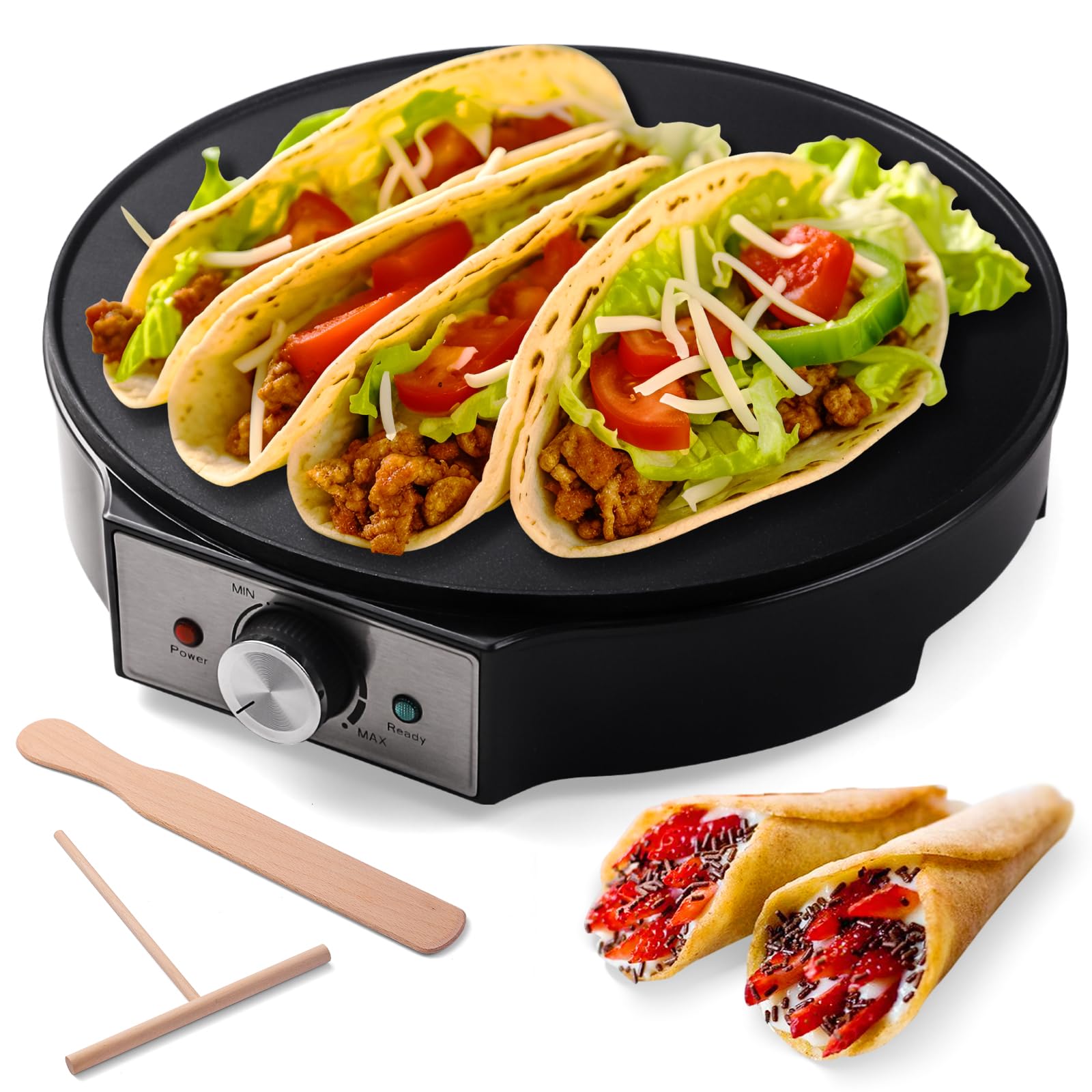 UVFAST Crepe elétrico de 30,5 cm e grelha - panela antiaderente com espalhador para roti, tortilha, blintzes, panquecas - temperatura ajustável, 1000 W