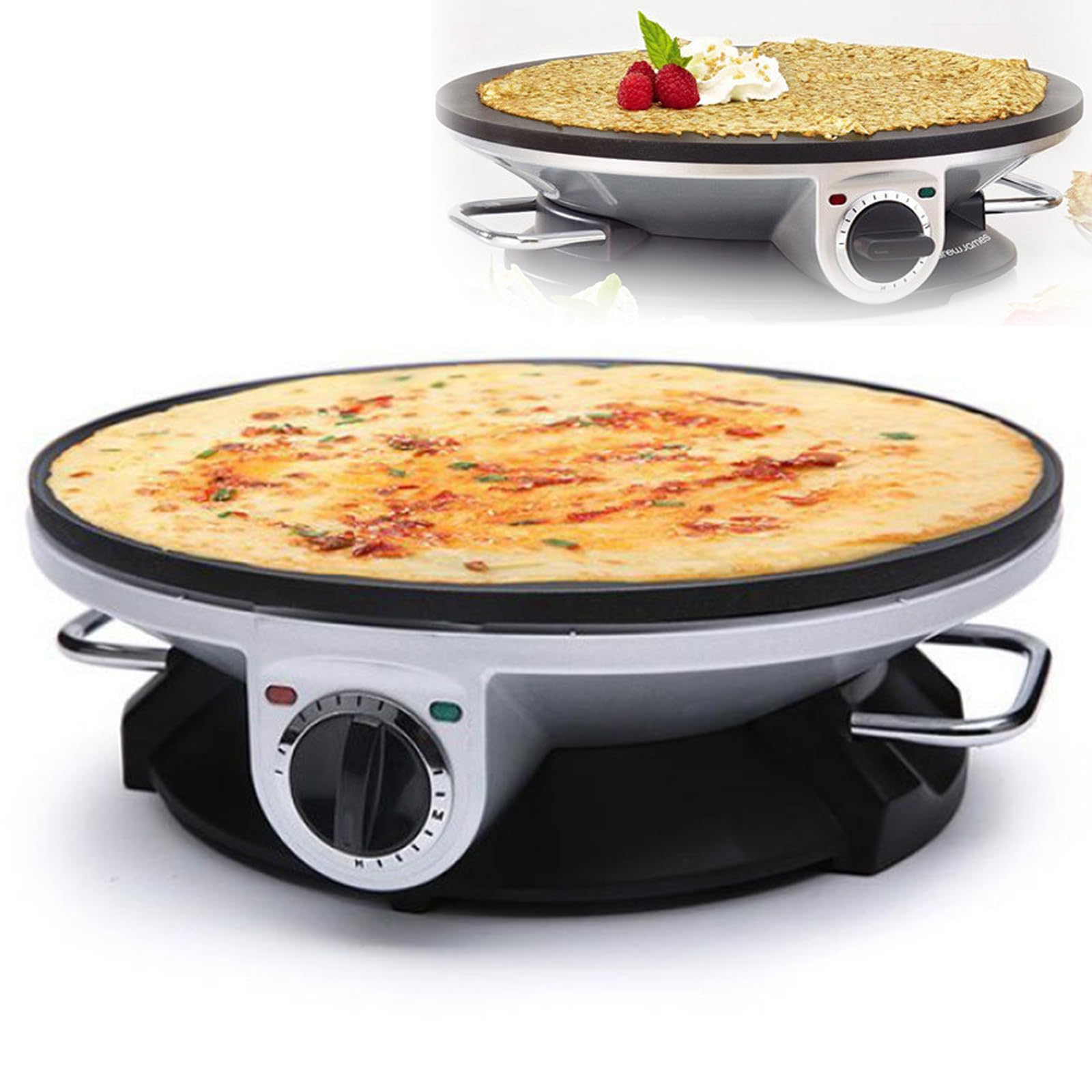Panela de grelha de temperatura ajustável, máquina de panqueca redonda de aço inoxidável 1200W, 1,77 kg, máquina de crepe elétrica de 33 cm, antiaderente, com alça, ferramenta de fazer tortilhas, para