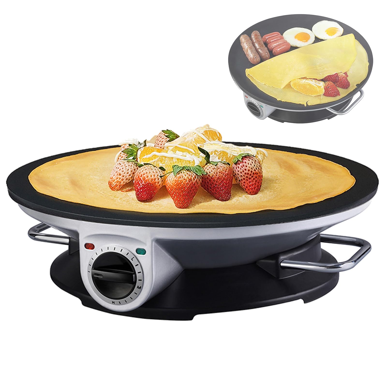 Equipamento antiaderente para fazer tortilhas, máquina de crepe elétrica de temperatura ajustável de 3 velocidades, forma de grelha de 33 cm com alça, máquina de panqueca redonda de aço inoxidável de
