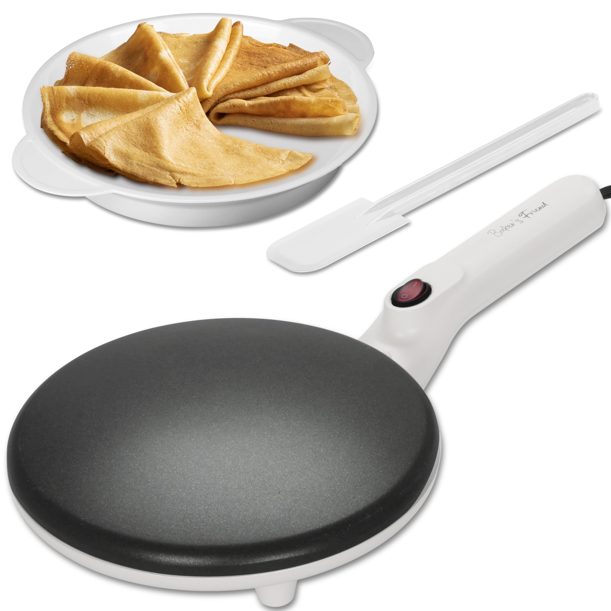 Baker's Friend Máquina De Crepe Instantânea Com Alça, Máquina De Crepe Elétrica, Creperia Elétrica, Superfície De Cozimento Antiaderente De 8 Polegadas, Branco Cremoso