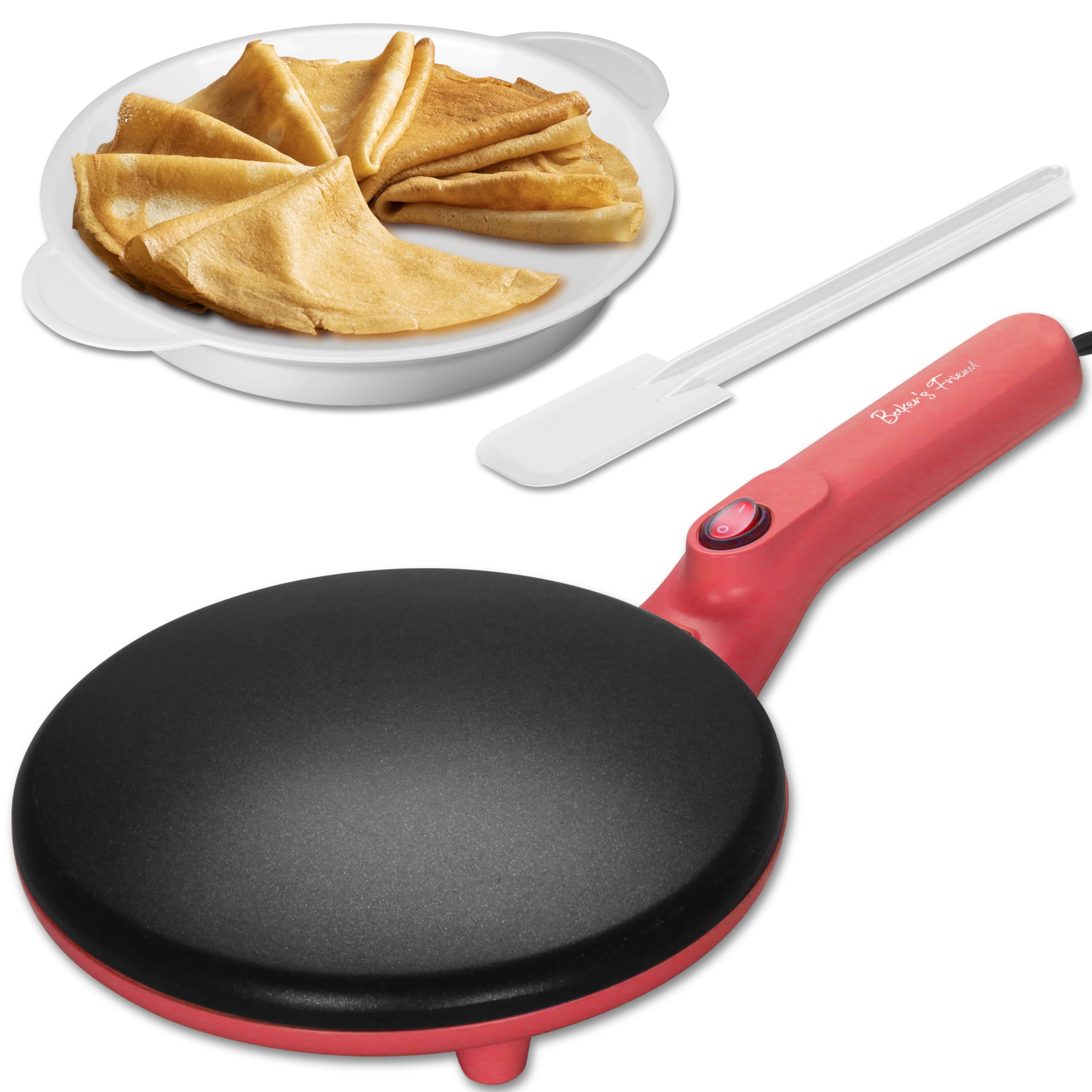 Baker's Friend Máquina De Crepe Instantânea Com Alça, Máquina De Crepe Elétrica, Crepera Electrica, Superfície De Cozimento Antiaderente De 8 Polegadas, Vermelho Framboesa