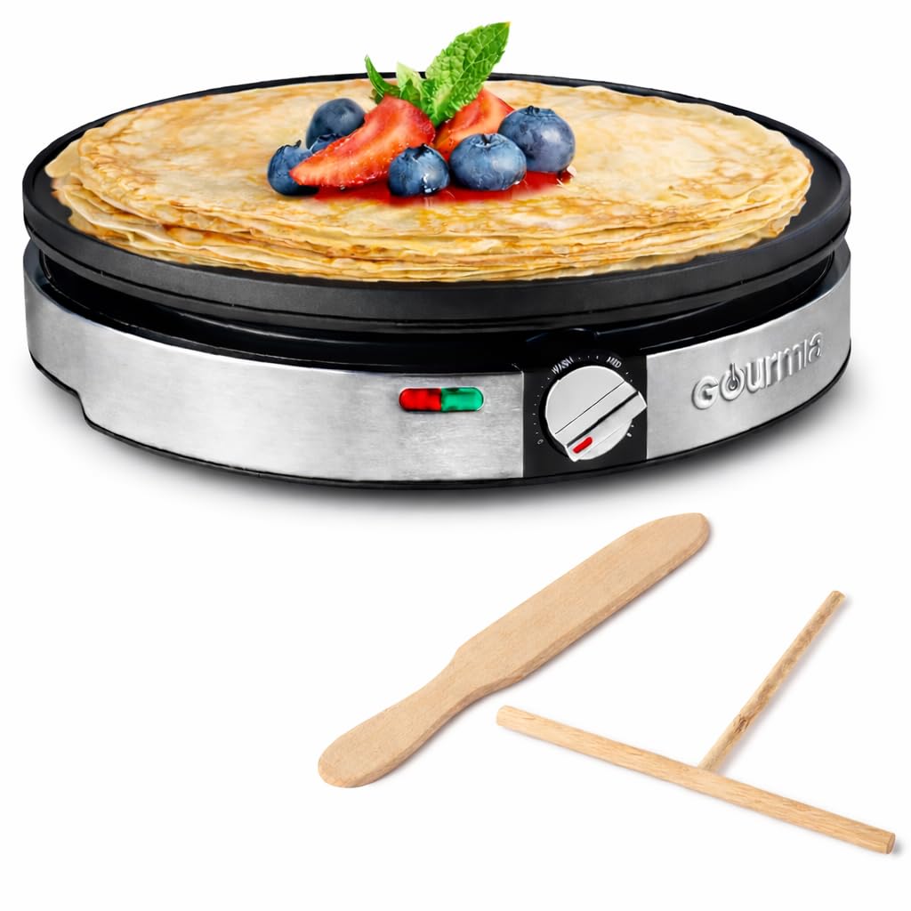 Gourmia Crepe Maker de 12 polegadas, ferro elétrico antiaderente para panquecas, tortilhas e muito mais, controlo preciso de temperatura com luzes indicadoras, inclui espátula e espalhador de massa