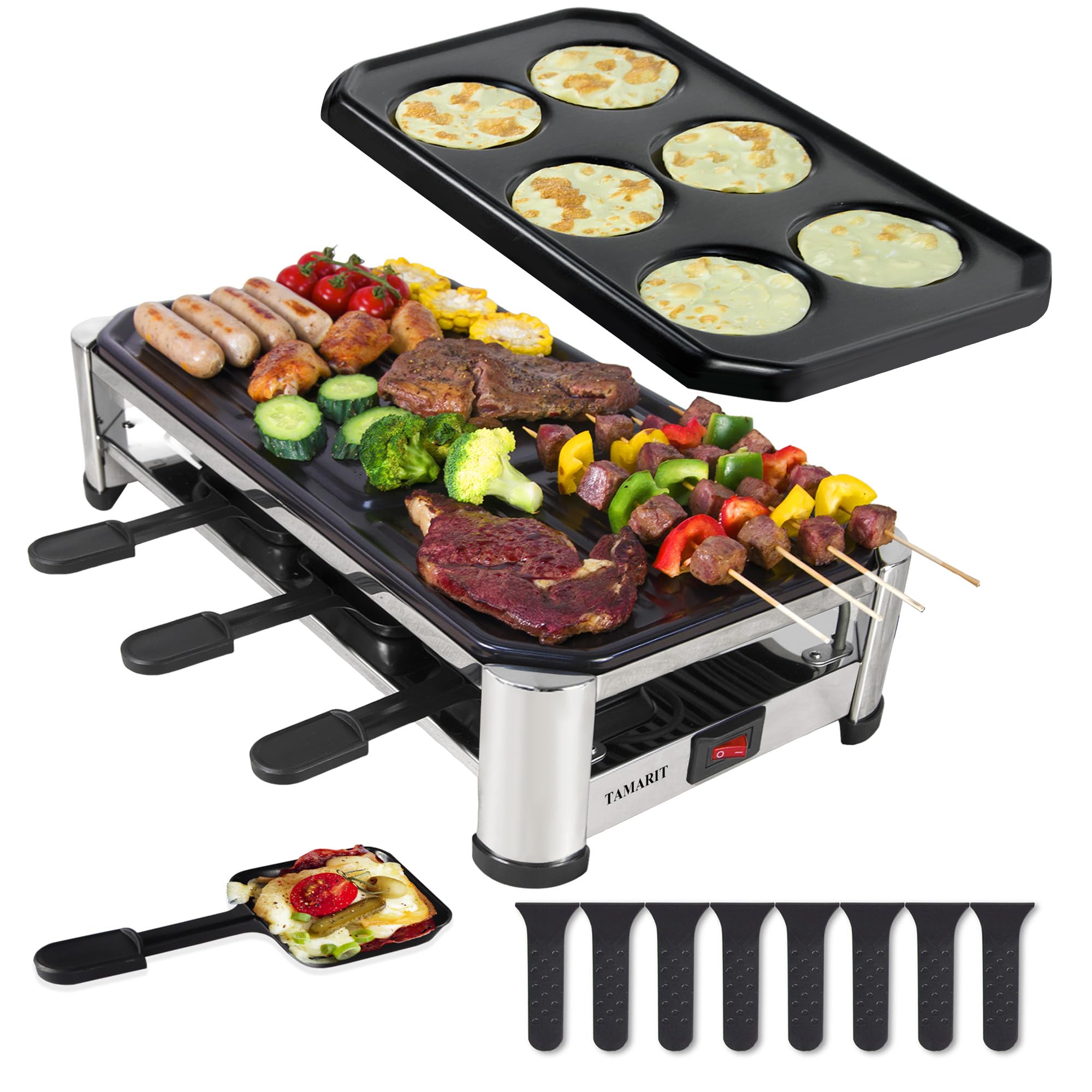 TAMARIT Grelhador de Interior para Raclette para 8 Pessoas, Grelhador Elétrico para Festas com Grelha Antiaderente e Placas para Crepes, 8 Panelas e Espátulas, 1500W, Aço Inoxidável