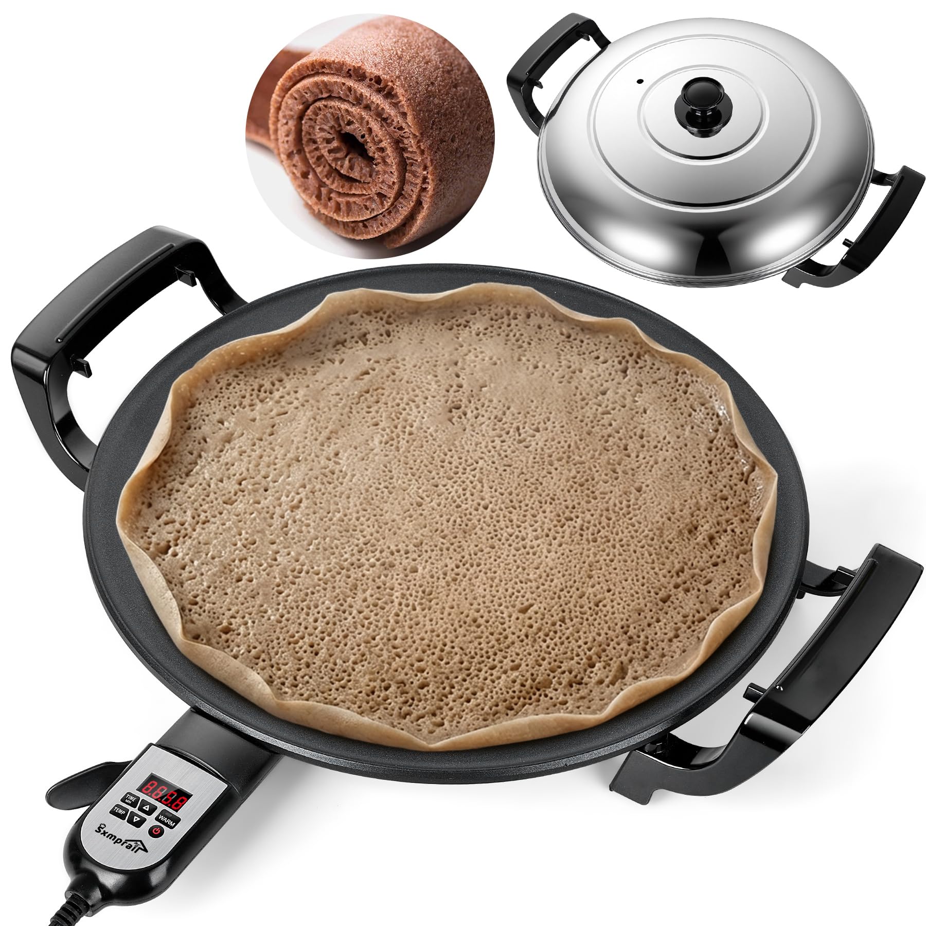 Chapa elétrica de 47 cm para panquecas Teff, Injera, Anjero, Crepe, Lefse, Mogogo e Mitad – Controle de calor digital ajustável, distribuição uniforme de calor, superfície antiaderente