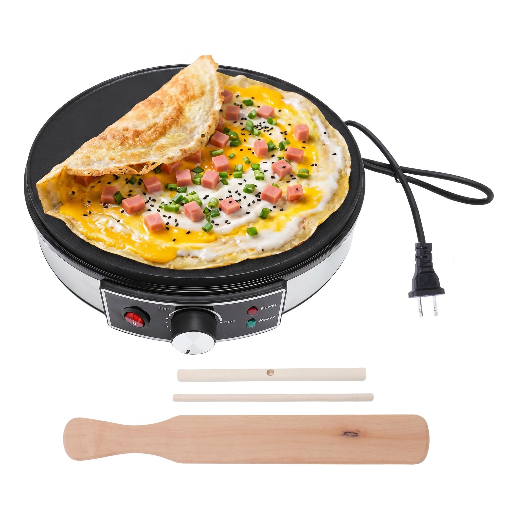 Máquina de fazer crepes elétrica profissional com superfície de cozimento grande de 29 cm, para panquecas antiaderentes, com controle de temperatura LED, espátula de madeira para casa, restaurantes