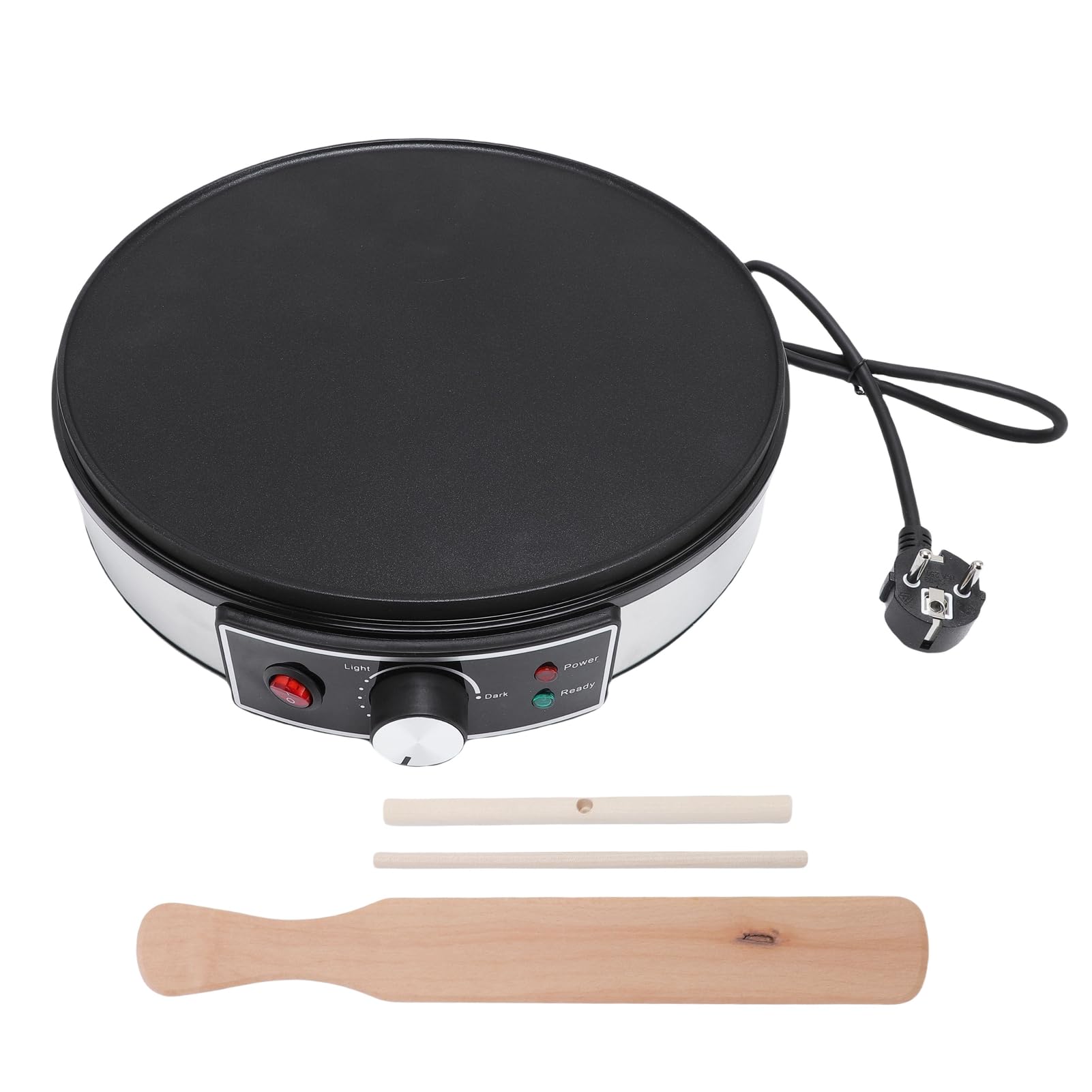 Eacam Panela Elétrica para Crepes, Chapa Elétrica para Crepes de 30 Cm (11,8 polegadas), Temperatura Ajustável, Indicador LED, Antiaderente, 1000 W, Com Espátula Espalhar a M (Tomada europeia 220V)