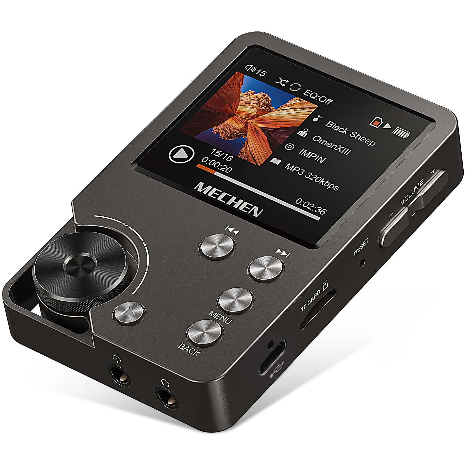 Leitor MP3 HiFi MECHEN M30, Leitor de música digital de alta resolução DSD sem perdas, Leitor de áudio portátil de alta resolução com cartão de memória de 64 GB, cinza | WM8965 DAC+TI Amp, MP3/WMA/WAV/APE/FLAC/AAC, 1500mAh 25H, tela de 5.1 cm, expande para 512 GB, revestimento de liga de zinco