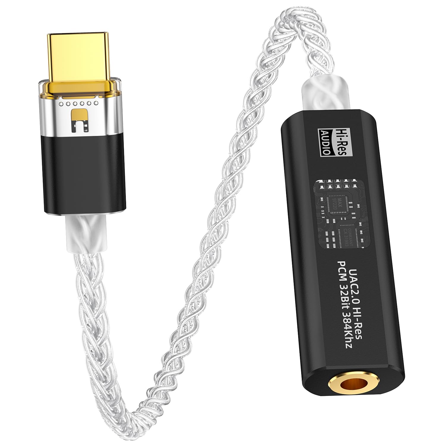 Adaptador de áudio USBC para conector de 3,5 mm Dual Chip CX31993 MAX97220 áudio digital portátil decodificação AMP USB C DAC, alta resolução 32 bits/384 kHz auxiliar para dongle tipo C com cabo OCC