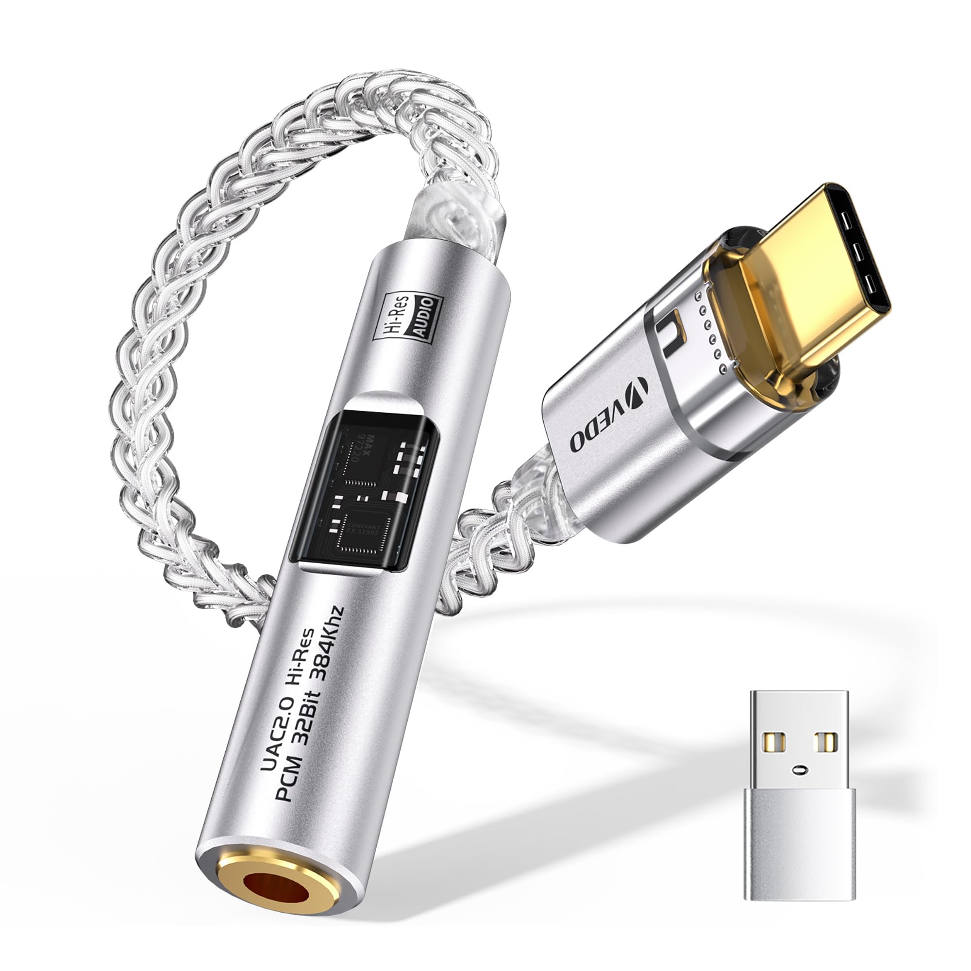 Adaptador de áudio USB-C para 3,5 mm,Dongle DAC e Amplificador Portátil CX31993 MAX97220,Conector USB-C para fones de ouvido (Aux) com cabo OCC banhado a prata,compatível com iPhone, Android, Mac e PC