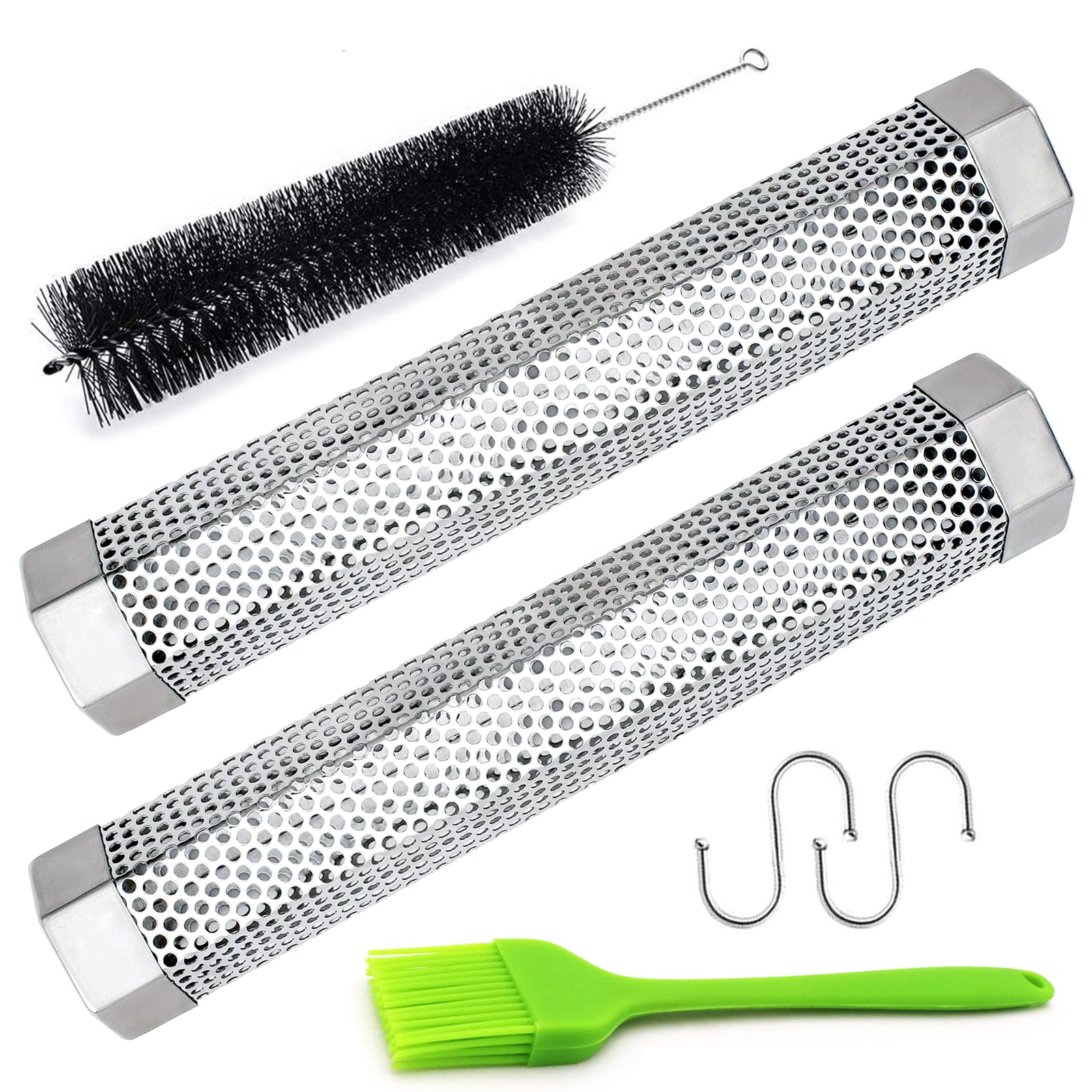 2 tubos de defumador de 30,5 cm, tubo de fumaça de aço inoxidável, para fumar quente ou frio, 5 horas de fumaça, portátil, para churrasco, gerador elétrico de carvão a gás, fumador