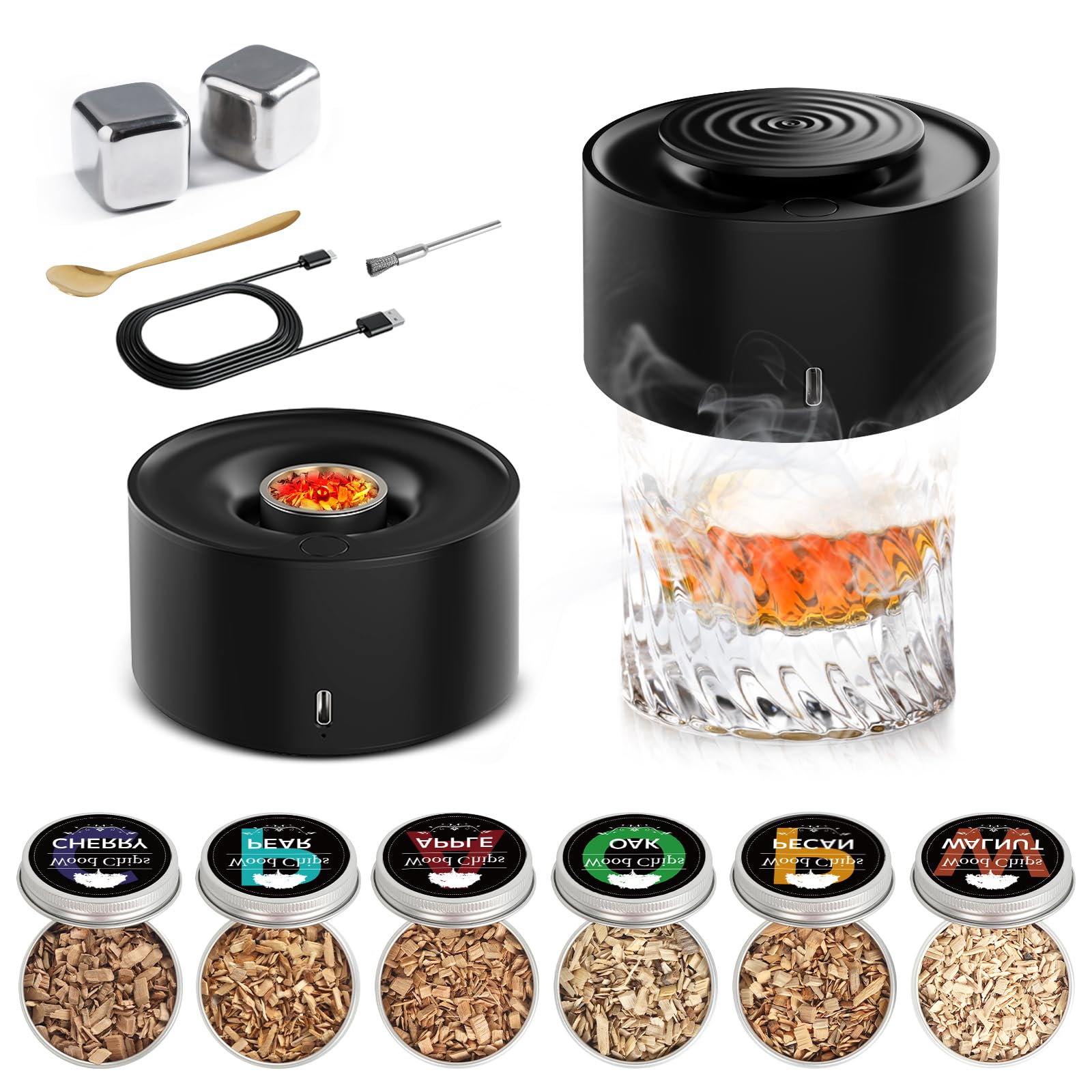 Kit de defumador de uísque elétrico, isqueiro embutido recarregável e luz LED, sem necessidade de butano, 6 lascas de madeira aromatizadas para kit de defumador antiquado, bourbon, presentes