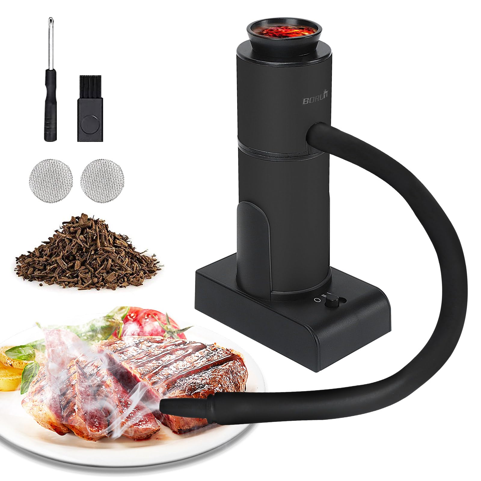 BORUIT Kit de coquetel e defumador de alimentos, infusor de fumaça fria portátil de 2 velocidades para coquetéis, uísque, carne, churrasco, queijo – Inclui lascas de madeira e acessórios, presente