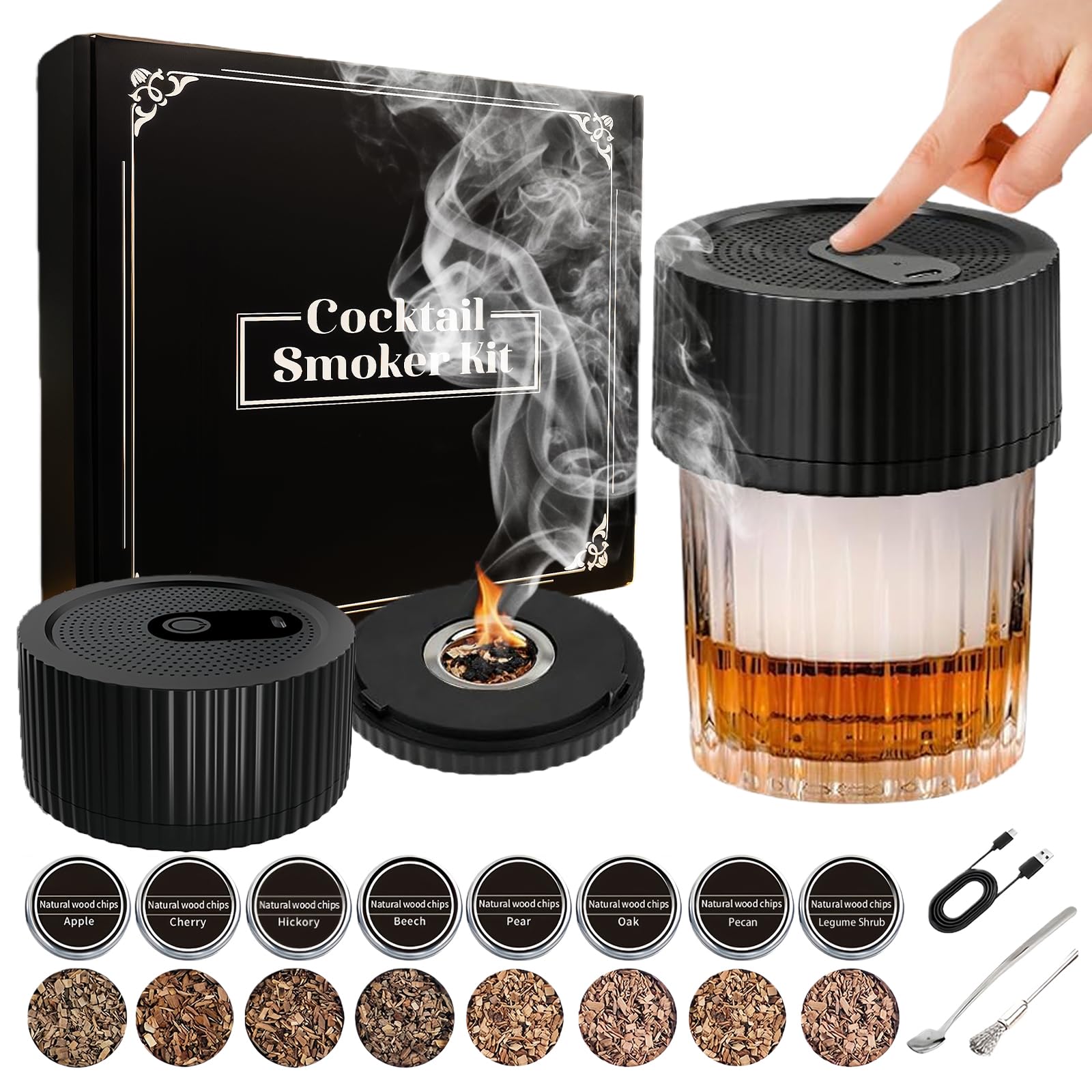 Kit de defumador de uísque elétrico, defumador de uísque Bourbon, 8 sabores de lascas de madeira, realçador de coquetel com USB recarregável e isqueiro embutido, kit de defumador de bebida