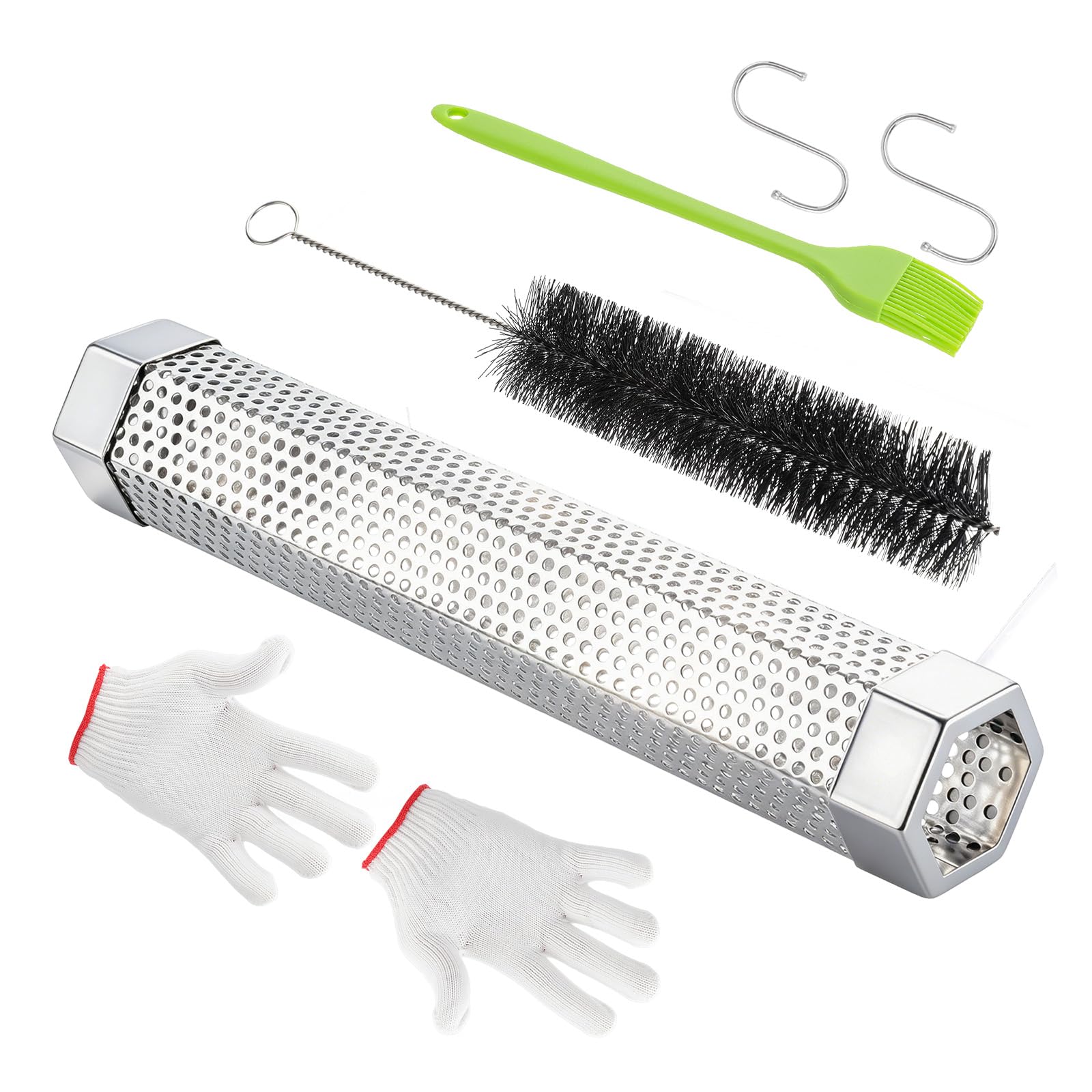 Tubo de defumador de grânulos de 30,5 cm, tubo de fumaça de churrasco de aço inoxidável para fumar quente e frio, 5 horas de fumaça, funciona com defumador elétrico a gás a carvão, gerador de tubo