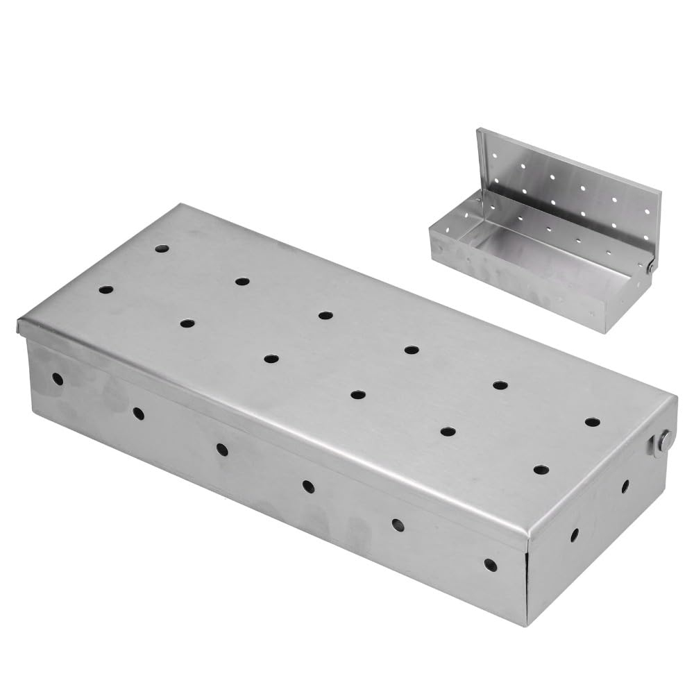 Caixa de defumador para lascas de madeira, caixa de aço inoxidável articulada para churrasco com orifícios de ventilação para churrasqueiras a gás, carvão e elétricas, 22 x 9,60 x 4,29 cm