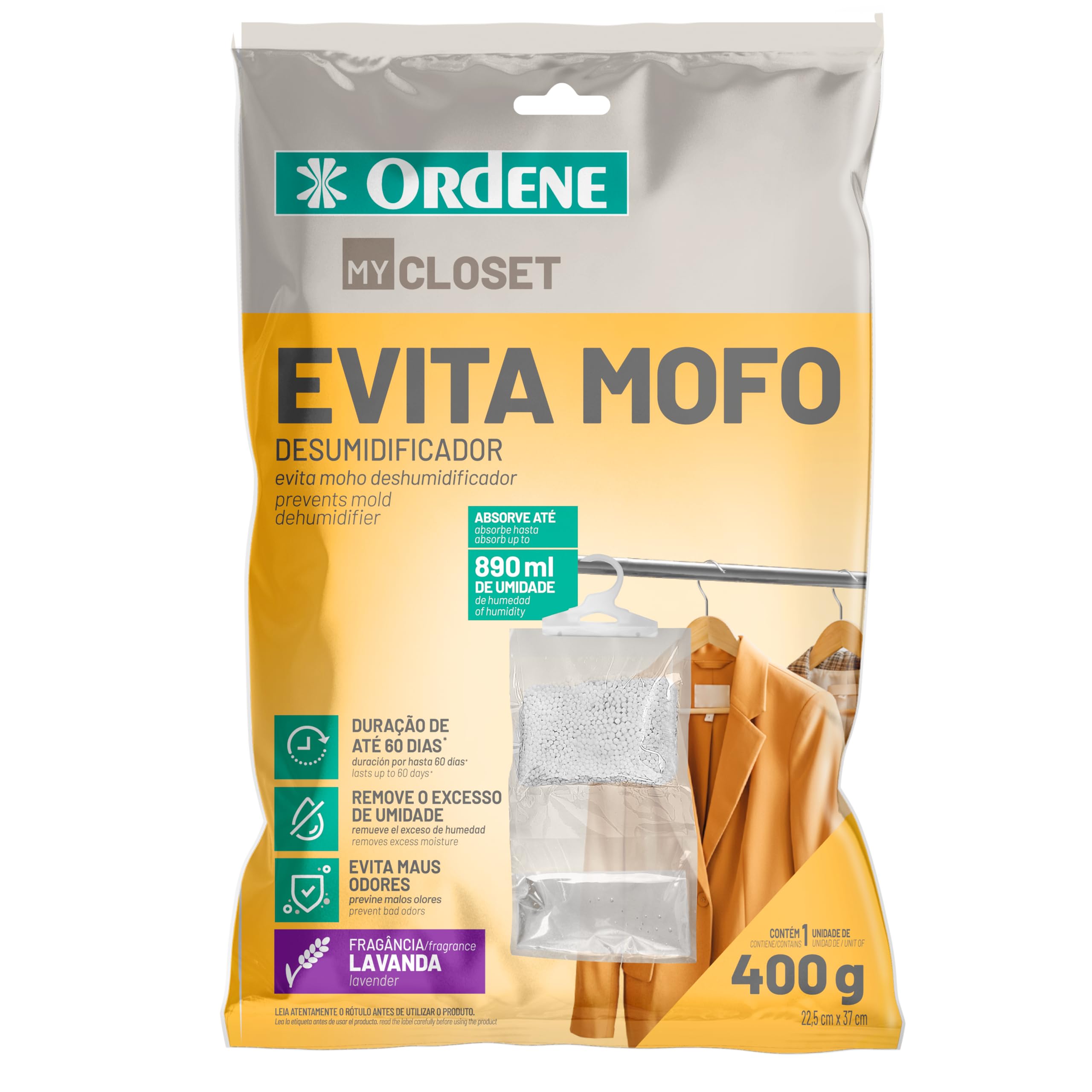 Ordene - Evita Mofo Desumidificador para Armário, Aroma de Lavanda, Pacote de 400g, Linha My Closet