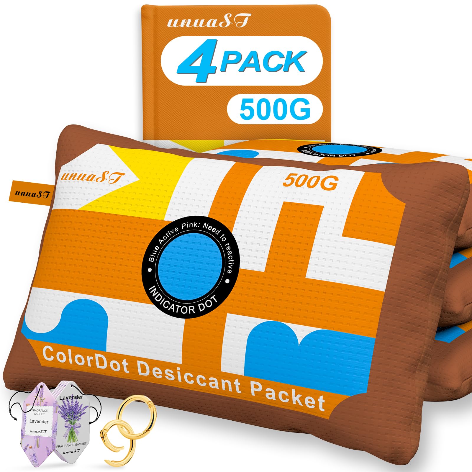 4 x 500 gramas [2 kg] Pacotes dessecantes para armazenamento, unuaST recarregável cor indicadora de sílica gel desumidificador, grandes pacotes dessecantes para armário seguro porão garagem bolsa