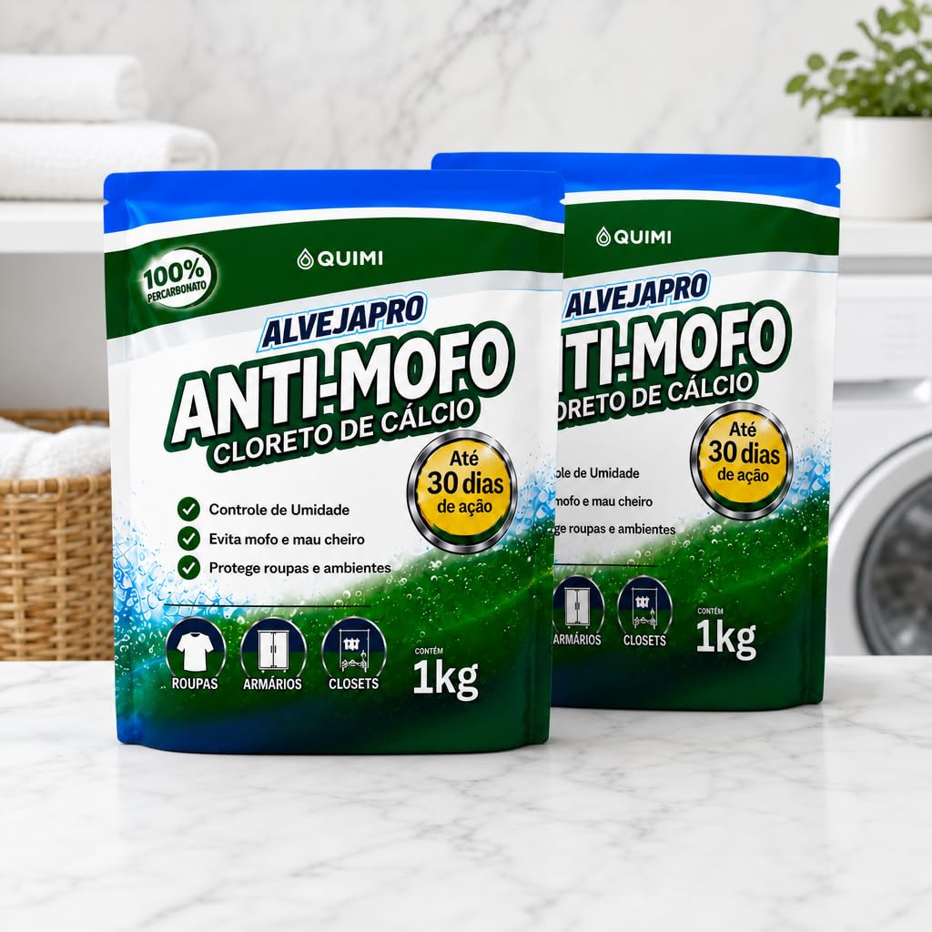QUIMI Kit 2 Anti-Mofo - Absorvedor de Umidade com Cloreto de Cálcio – Ideal para Closets, Armários, Banheiros e Ambientes Fechados - 2kg