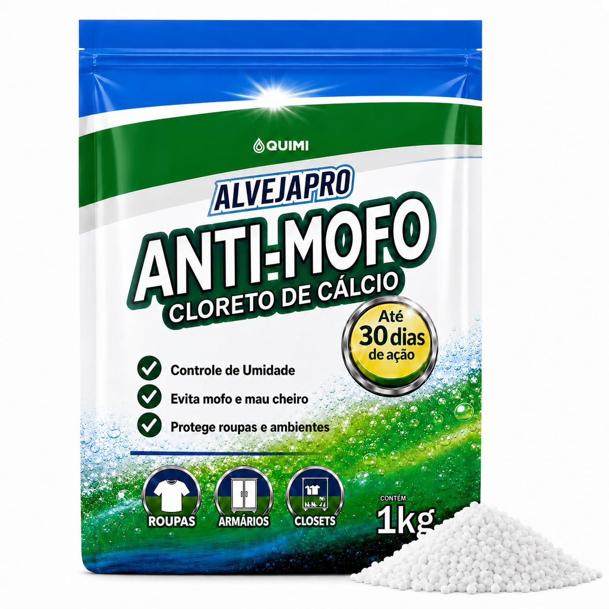Anti-Mofo Cloreto de Cálcio 1kg | Absorve Umidade, Evita Mofo e Mau Cheiro | Desumidificador para Closet, Armário, Guarda-Roupa e Ambientes Fechados