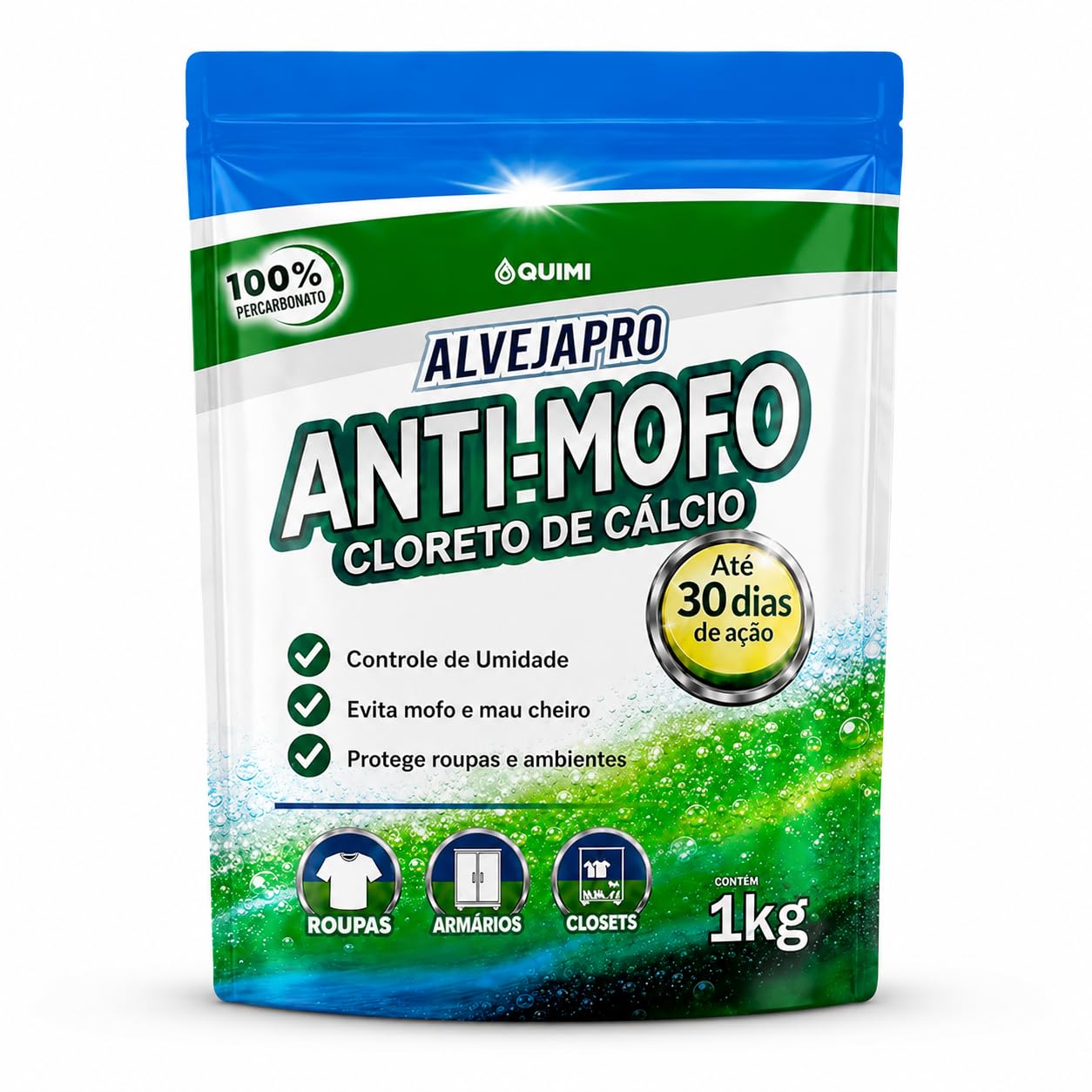 Anti Mofo Cloreto de Cálcio 1kg Alta Absorção de Umidade para Guarda-Roupa Armários Closets Quartos Ambientes Internos Elimina Mau Cheiro e Protege Roupas