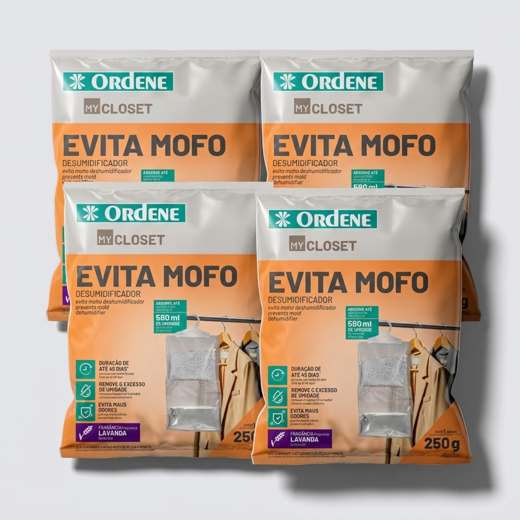 Desumidificador para Armário Cabide Desumidificador Kit 4 Lavanda 500ml | Protecao de closets sapateiras e roupeiros sachet anti-umidade vertical impede bolor em jaquetas de couro