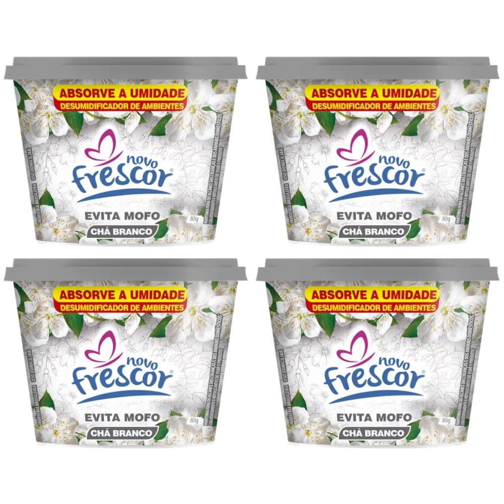 KIT 4 Potes Evita Mofo Desumidificador Armários, Guarda Roupa, 80g - Fragância de Chá Branco - Novo Frescor
