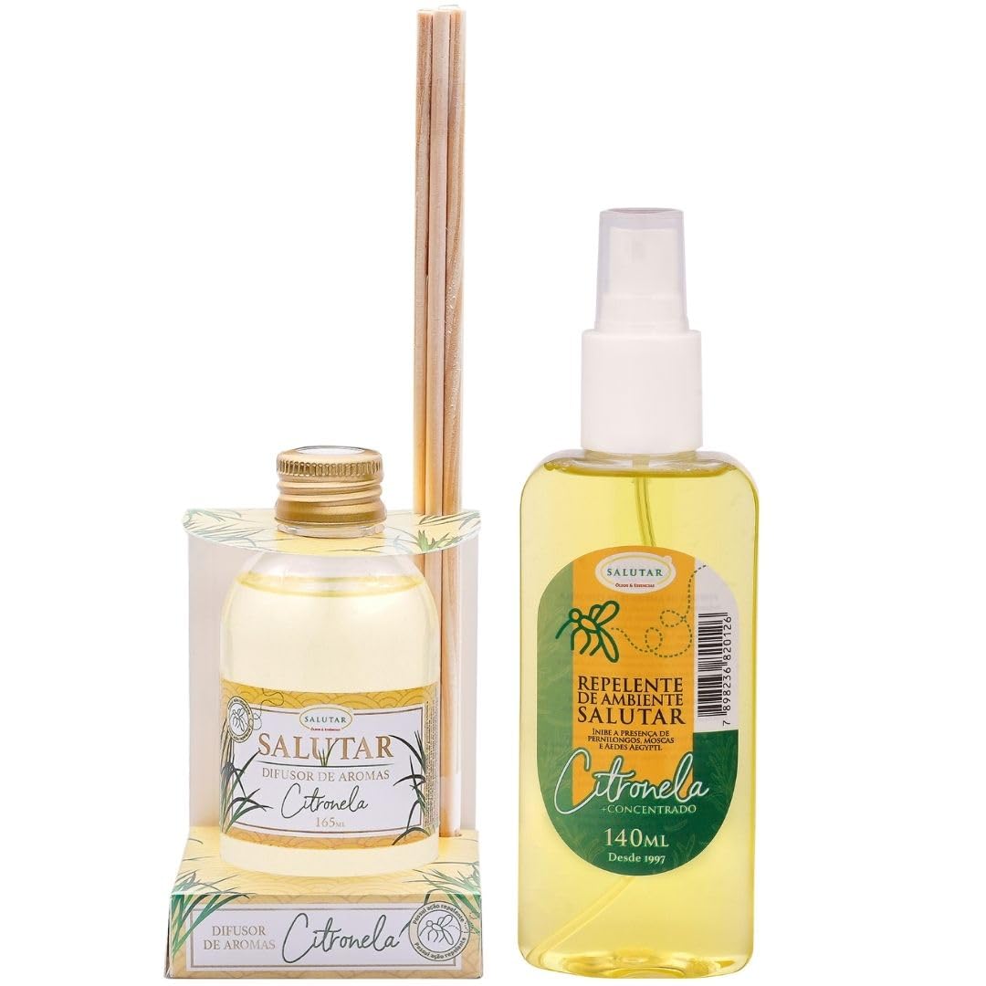 Kit Aromatizador de Ambiente Citronela 165ml Difusor com 5 varetas + Repelente de Citronela para Ambiente 140ml spray, Salutar